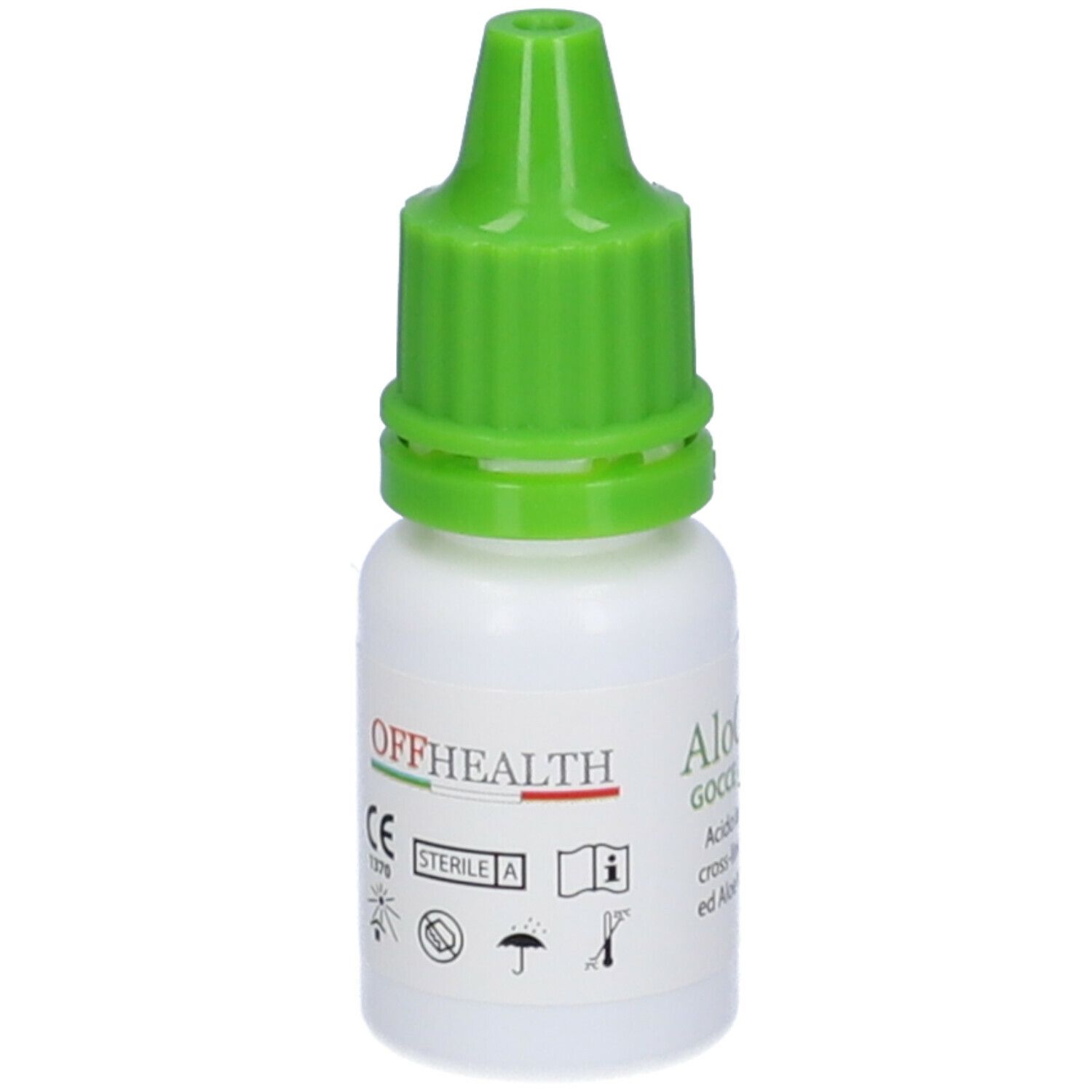 Flacone di gocce oculari con tappo verde. Contiene acido ialuronico e Aloe Vera. Marchio CE.