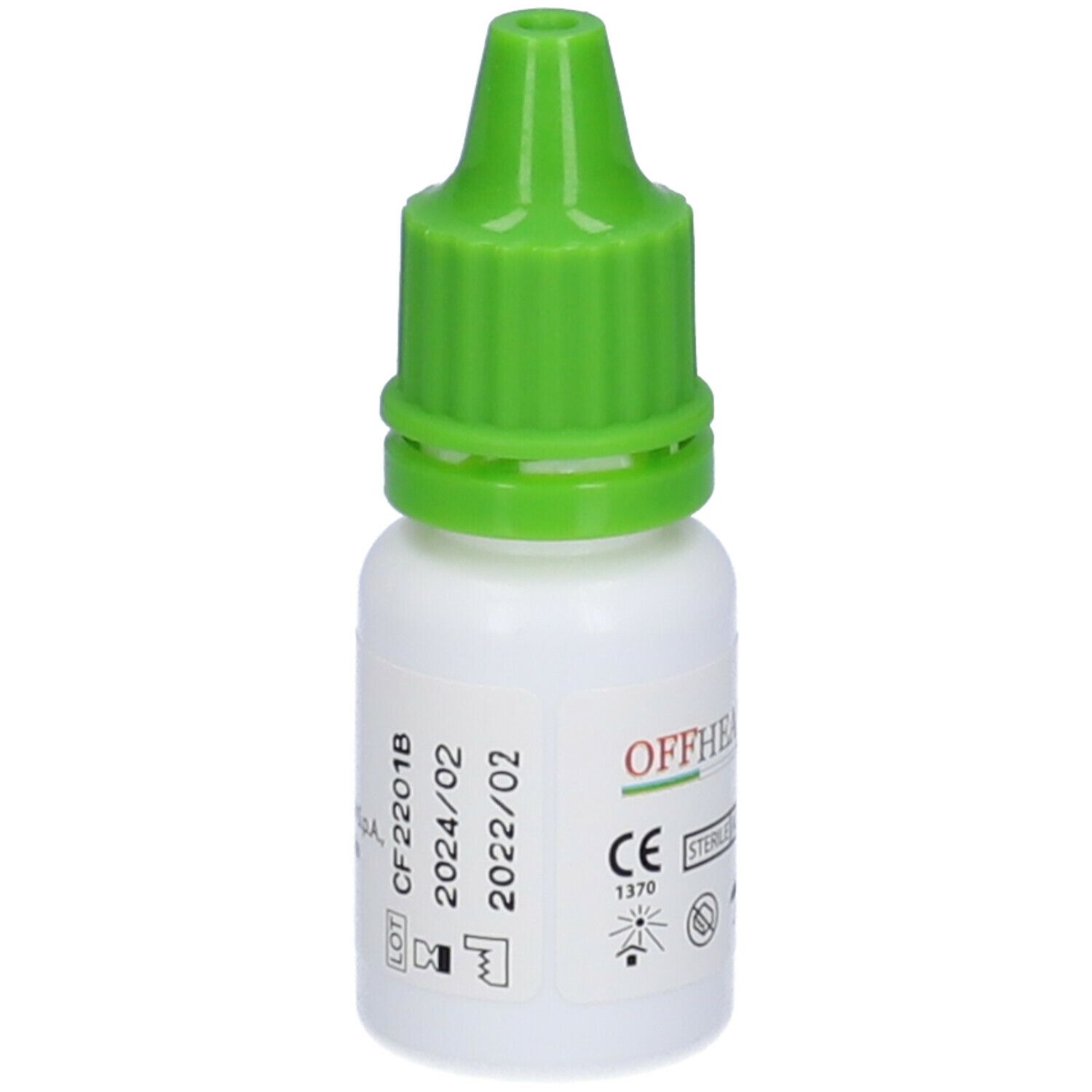 Flacone di gocce oculari con tappo verde. Contiene acido ialuronico e Aloe Vera. Data di scadenza.