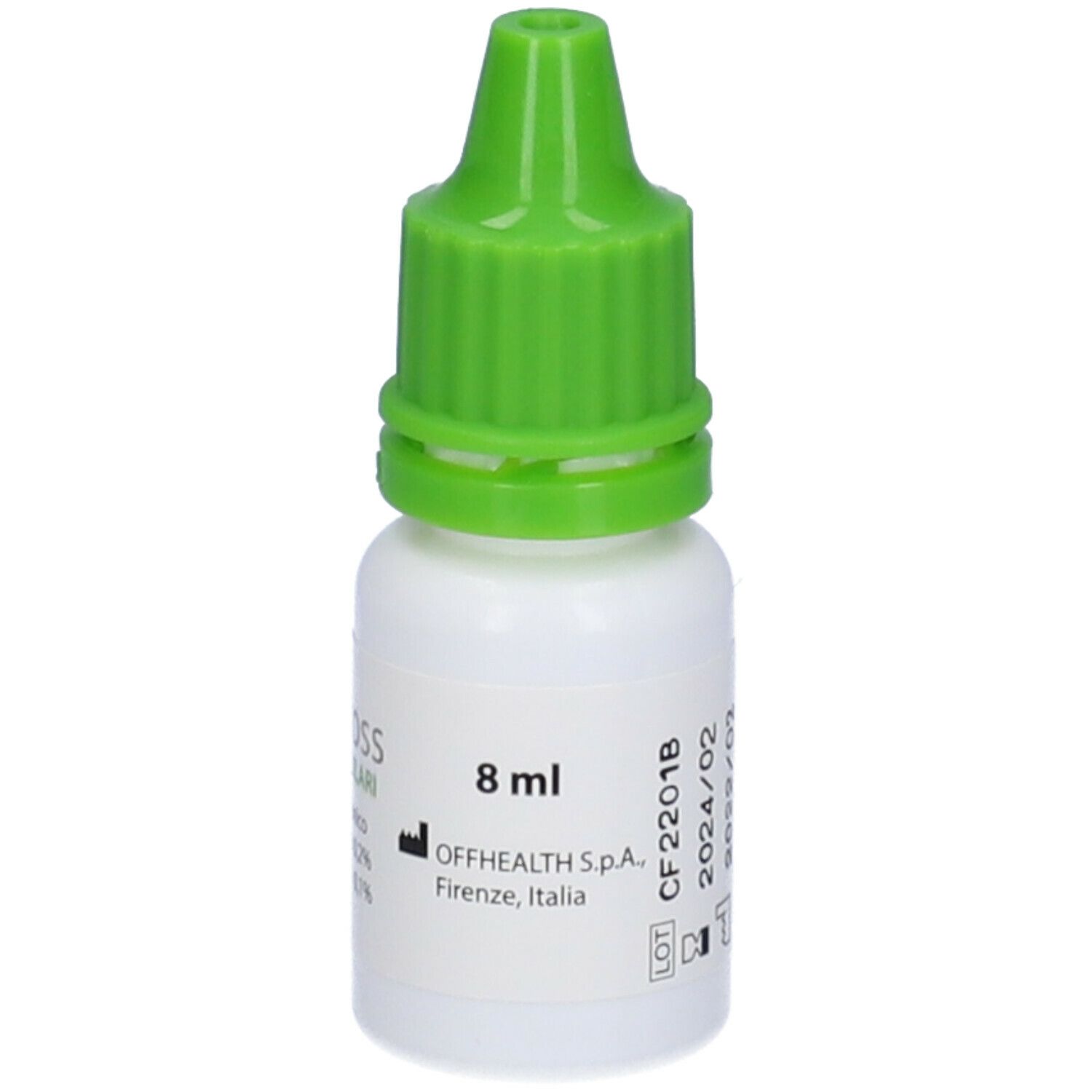 Flacone di gocce oculari con tappo verde. Contiene acido ialuronico e Aloe Vera. 8 ml.
