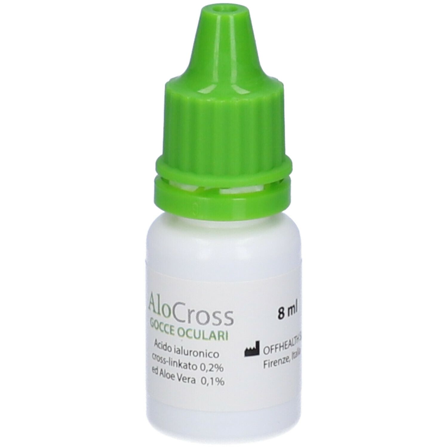 Flacone di gocce oculari con tappo verde. Contiene acido ialuronico e Aloe Vera. 8 ml.