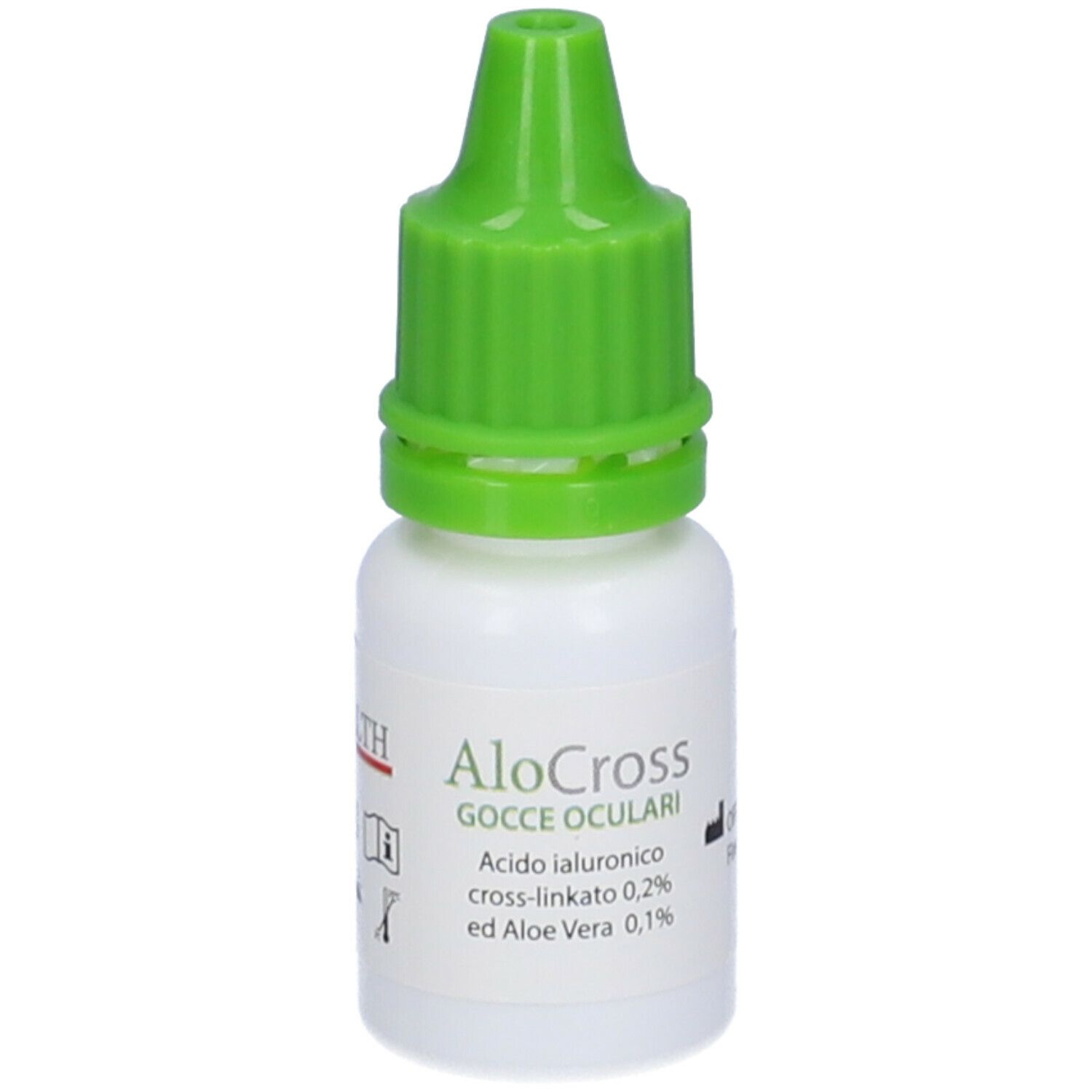 Flacone di gocce oculari con tappo verde. Contiene acido ialuronico e Aloe Vera. OFFHEALTH.