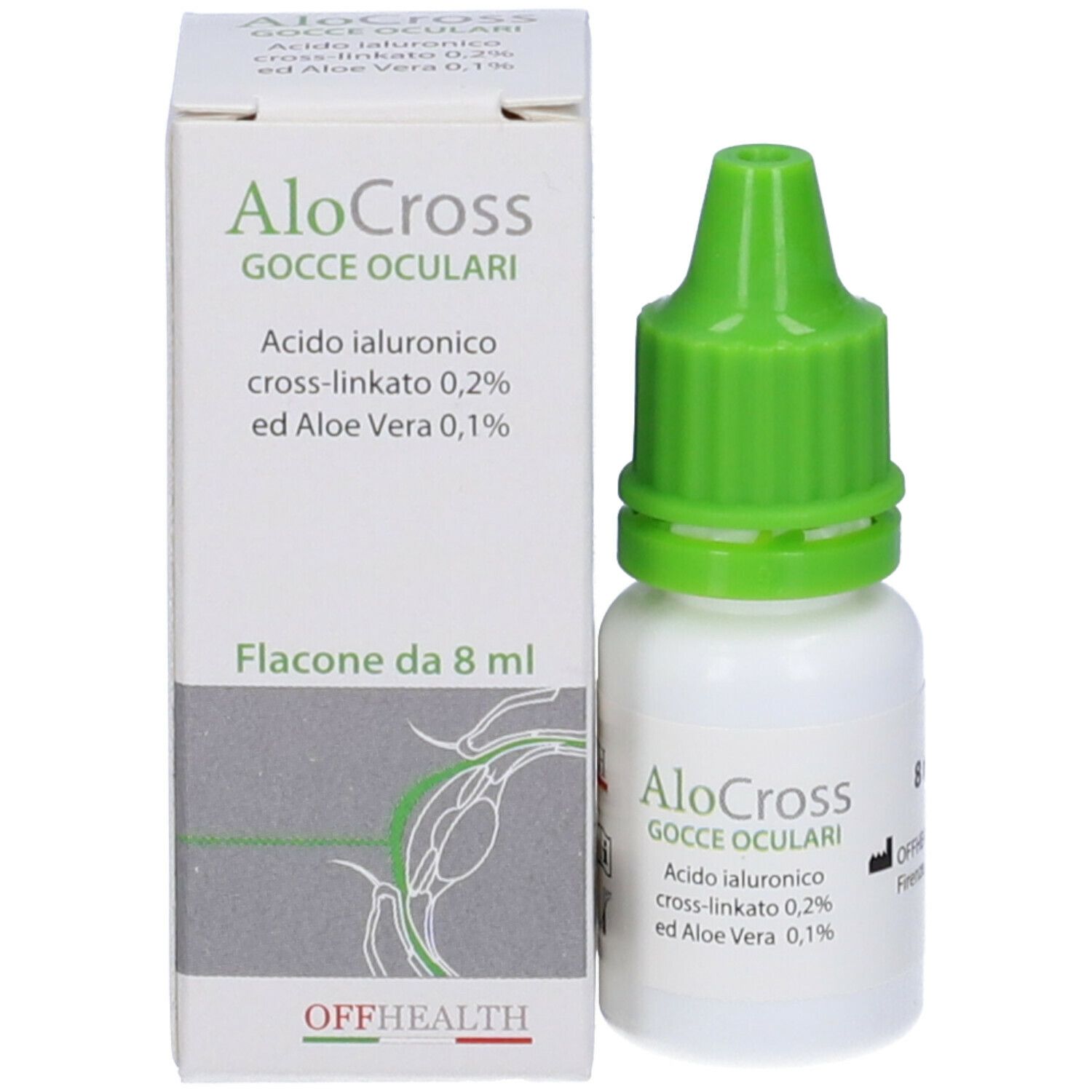 Flacone e scatola di AloCross Gocce Oculari. Contiene acido ialuronico e Aloe Vera. 8 ml.