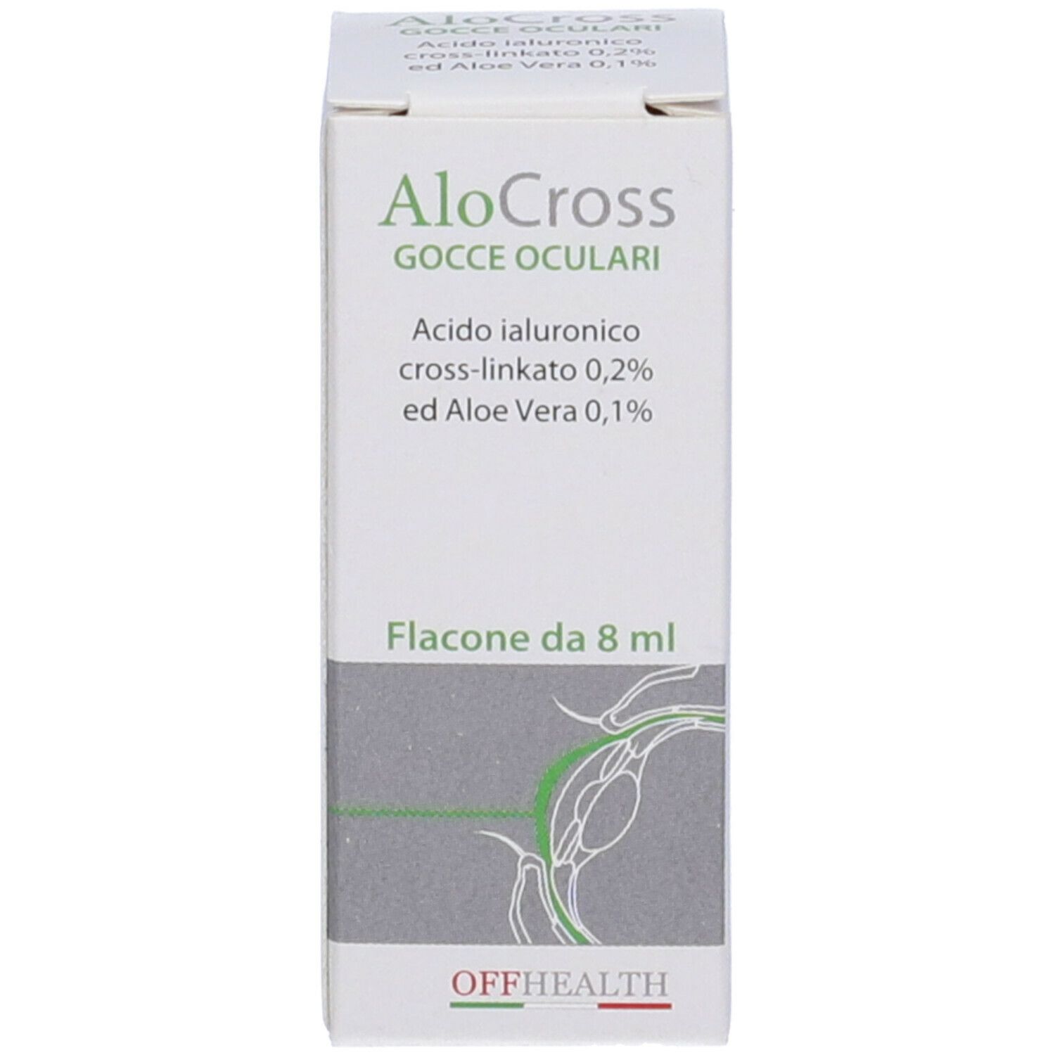 Scatola di AloCross Gocce Oculari. Contiene acido ialuronico e Aloe Vera. Flacone da 8 ml.