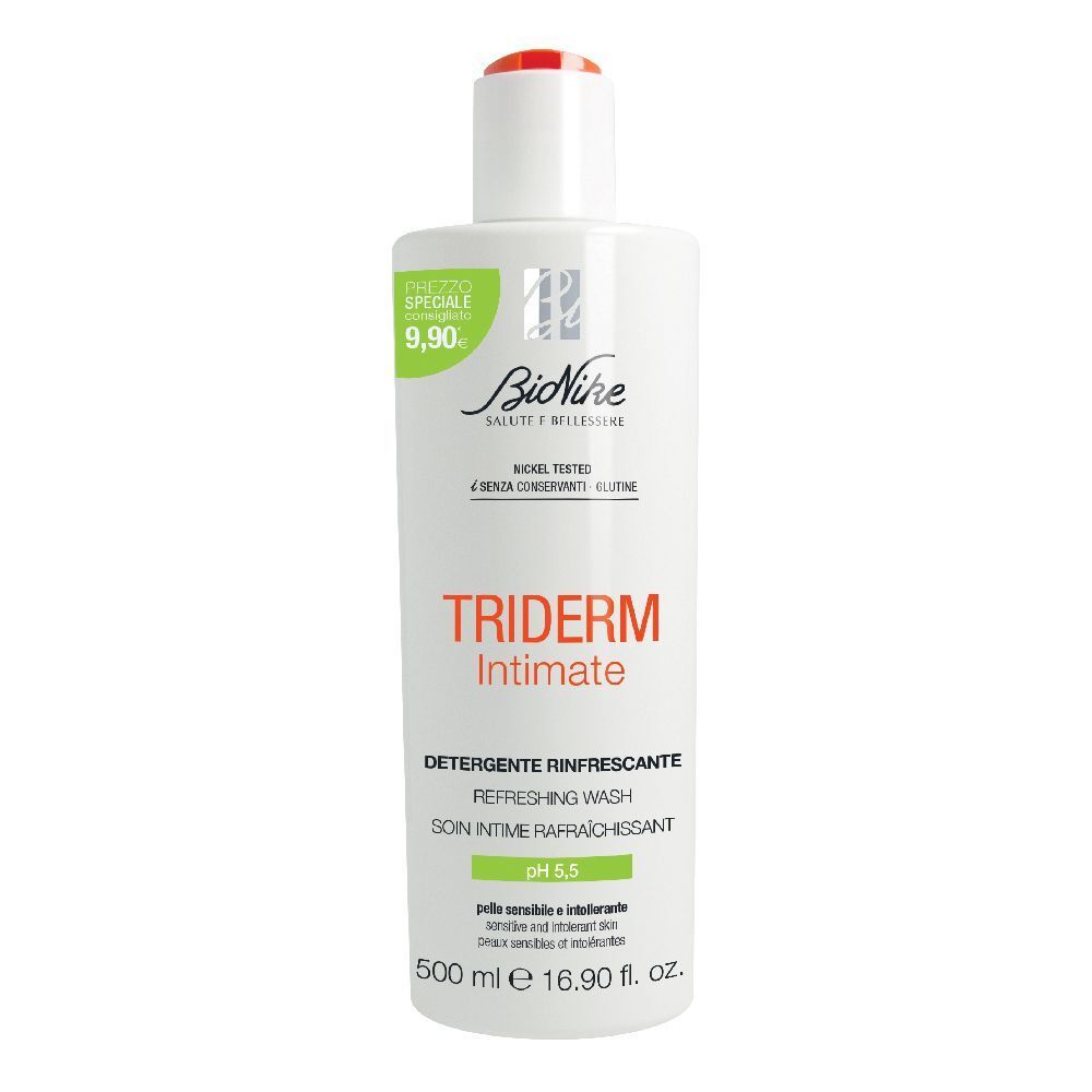 BioNike TRIDERM Intimate. Weiße Flasche mit rotem Deckel. Text: pH 5,5, Detergente rinfrescante, refreshing wash. 500 ml.