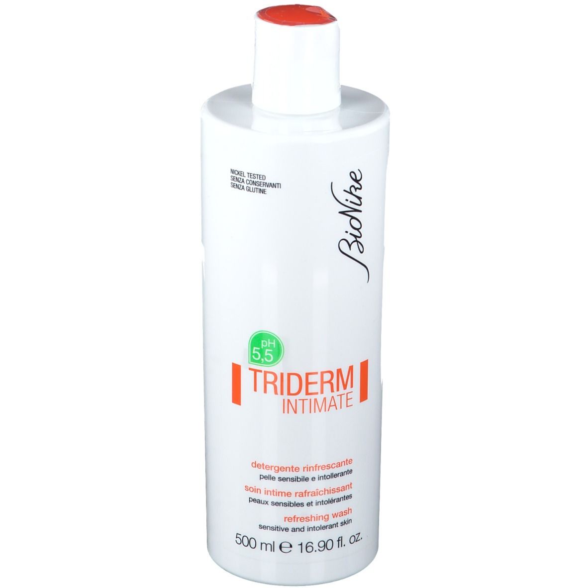 BioNike TRIDERM Intimate. Weiße Flasche mit rotem Deckel. Text: pH 5,5, Detergente rinfrescante, refreshing wash. 500 ml.