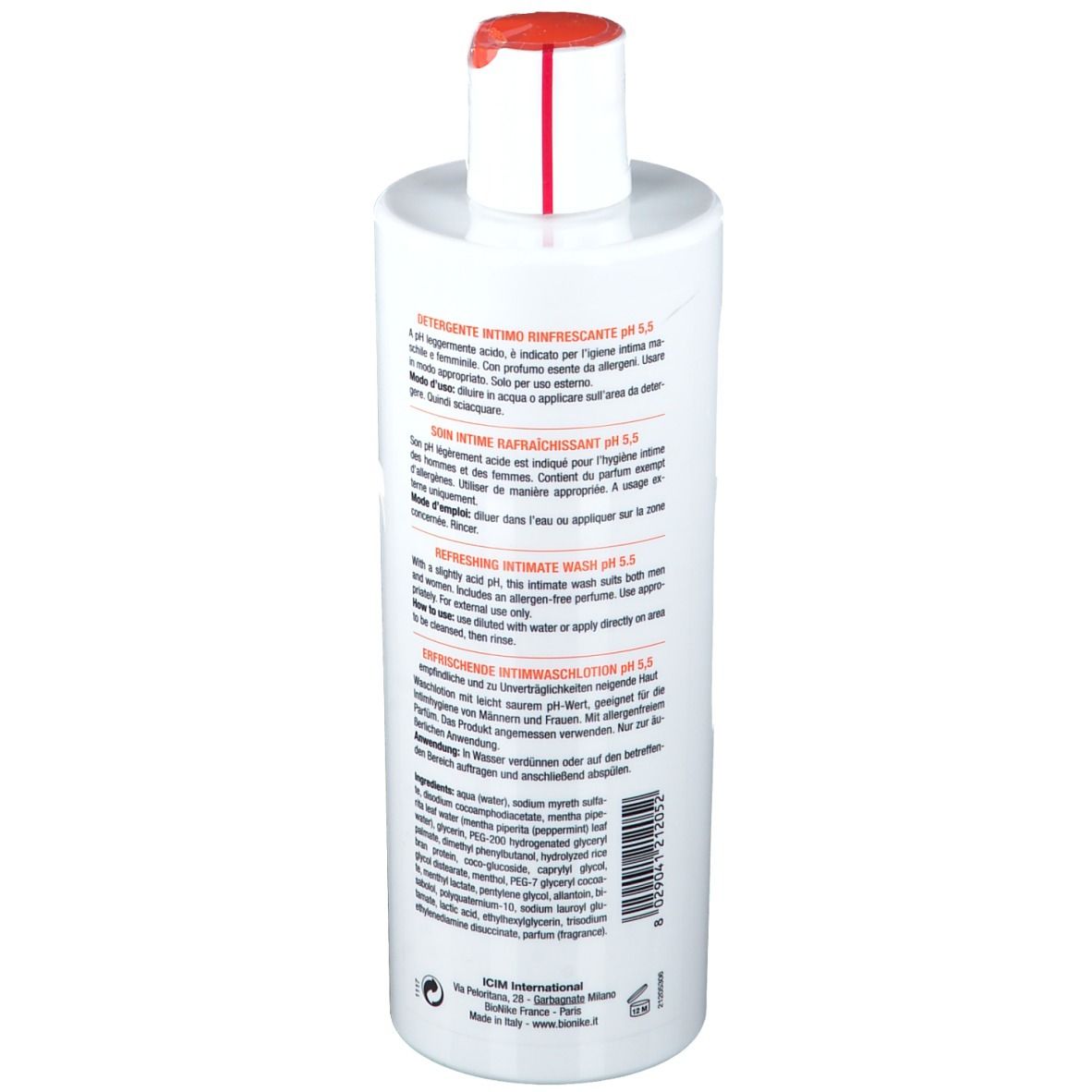 BioNike TRIDERM Intimate. Weiße Flasche mit rotem Deckel. Text: pH 5,5, Detergente rinfrescante, refreshing wash. 500 ml.