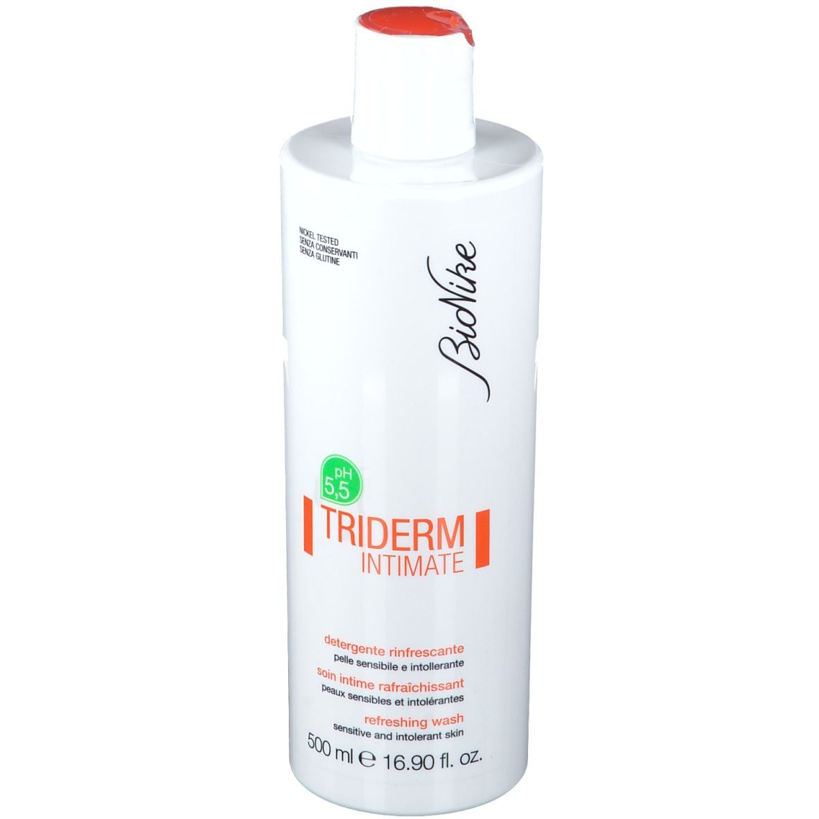BioNike TRIDERM Intimate. Weiße Flasche mit rotem Deckel. Text: pH 5,5, Detergente rinfrescante, refreshing wash. 500 ml.