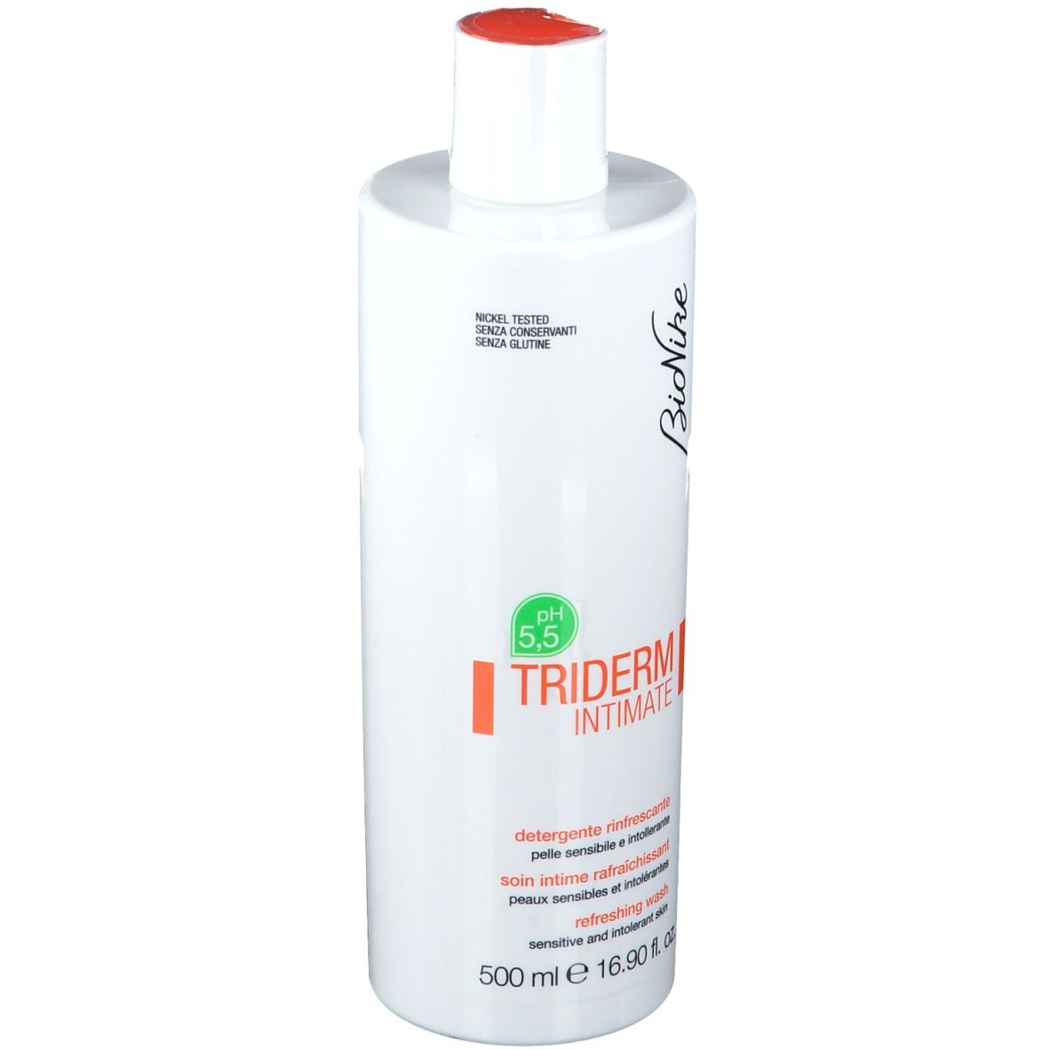 BioNike TRIDERM Intimate. Weiße Flasche mit rotem Deckel. Text: pH 5,5, Detergente rinfrescante, refreshing wash. 500 ml.