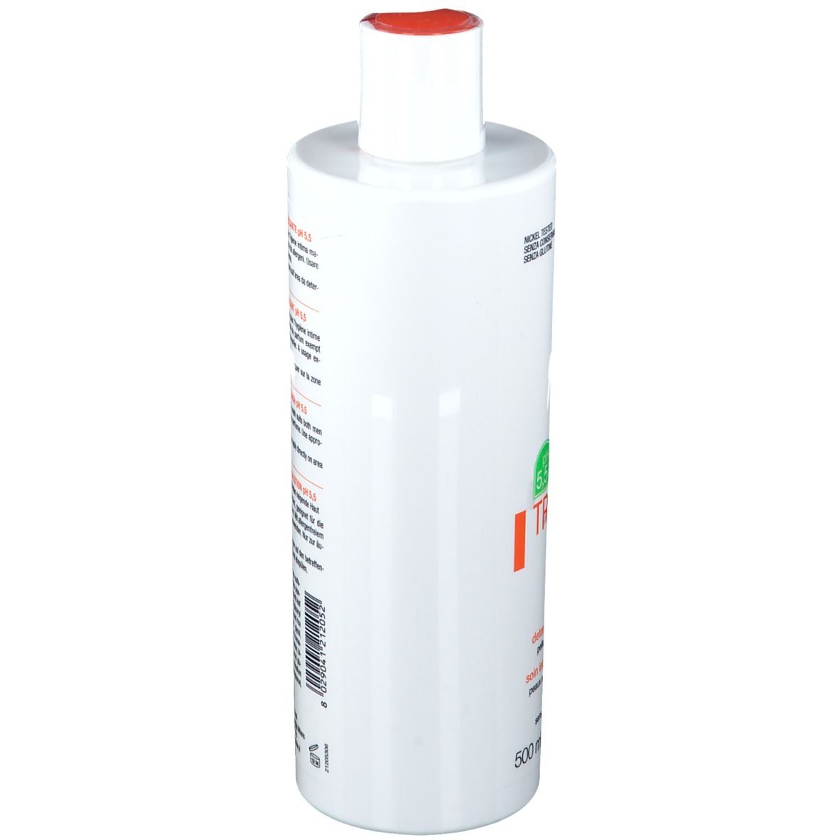 BioNike TRIDERM Intimate. Weiße Flasche mit rotem Deckel. Text: pH 5,5, Detergente rinfrescante, refreshing wash. 500 ml.