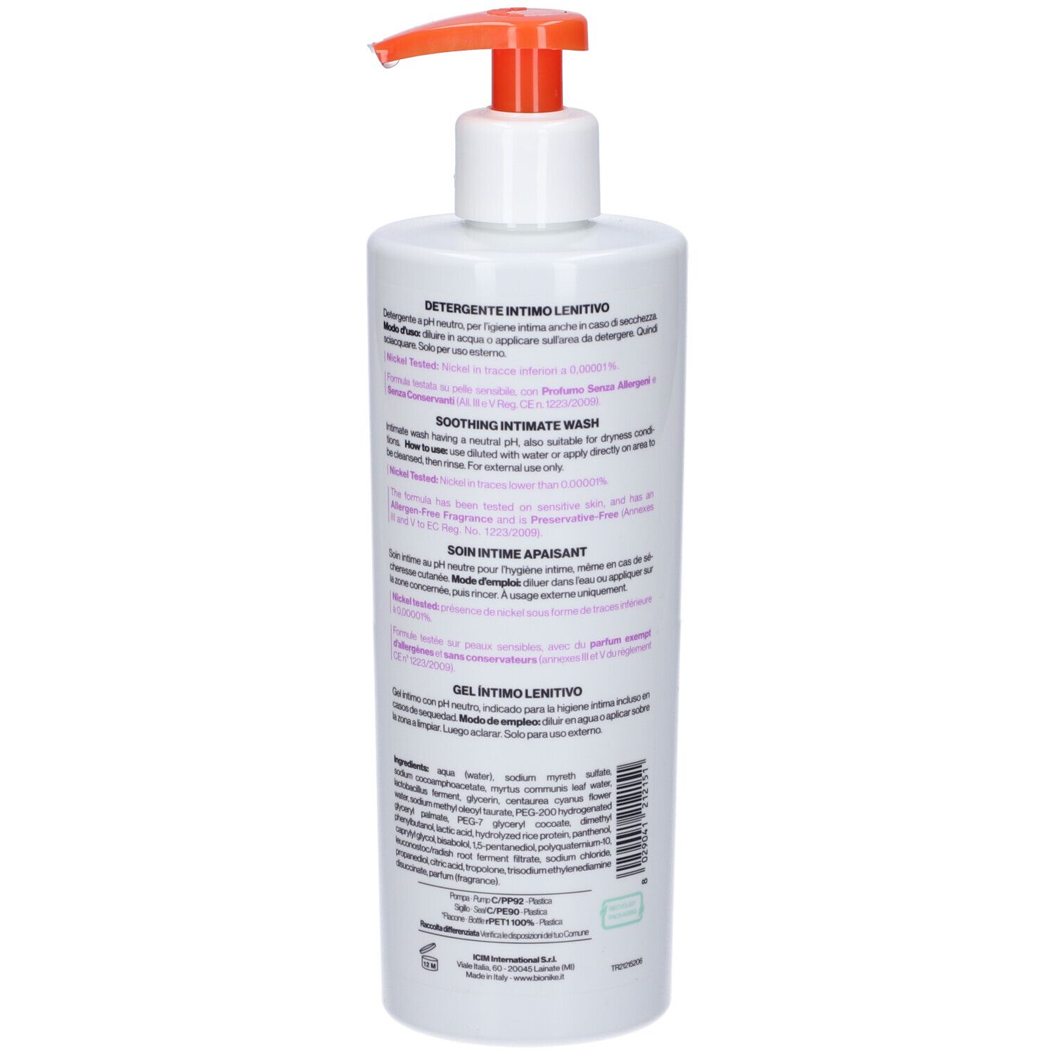 Flasche mit Pumpspender für beruhigendes Intimwaschgel. Enthält mehrsprachige Produktinformationen.