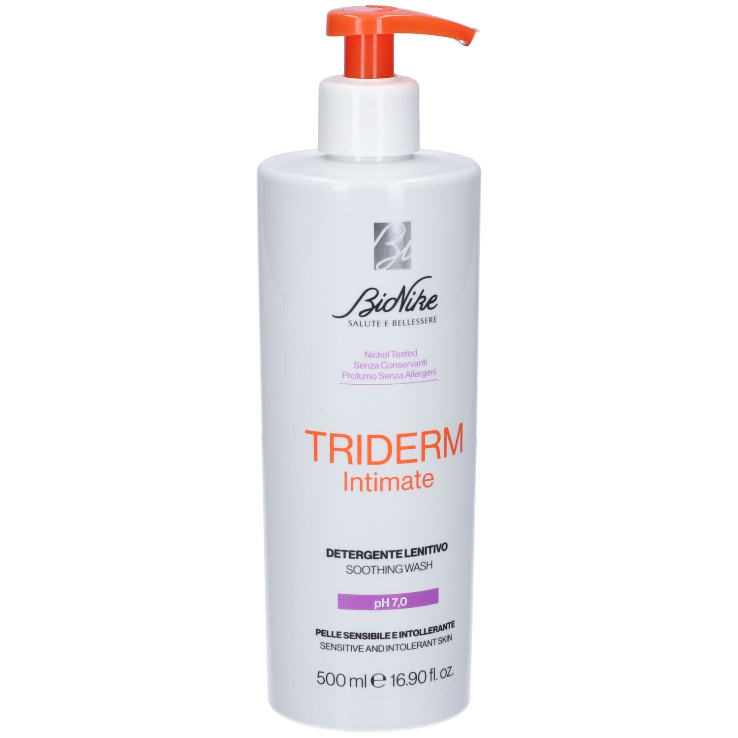 Weiße Pumpflasche mit Bionike TRIDERM Intimate Soothing Wash, pH 7.0, 500 ml.