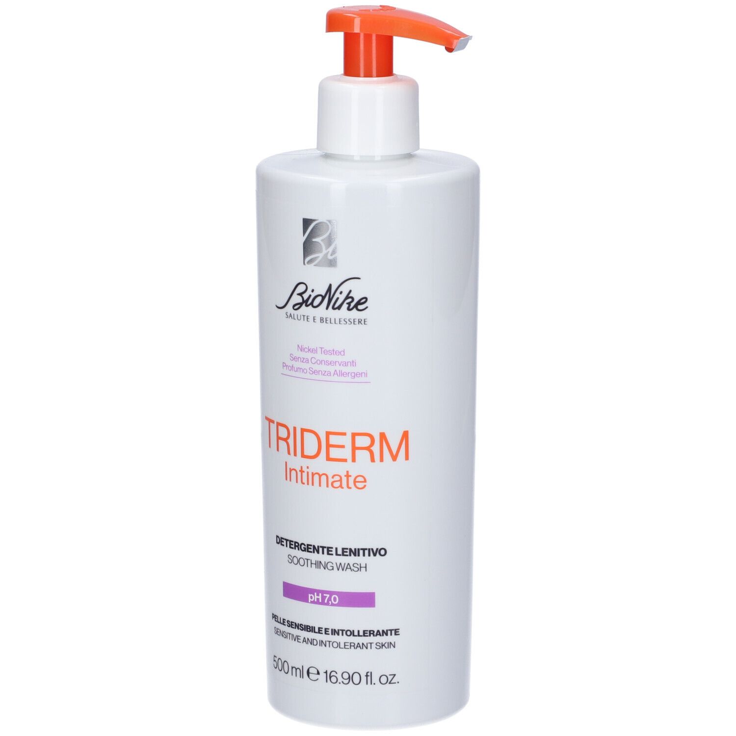 Weiße Pumpeflasche mit Bionike TRIDERM Intimate Soothing Wash, pH 7.0, 500ml.