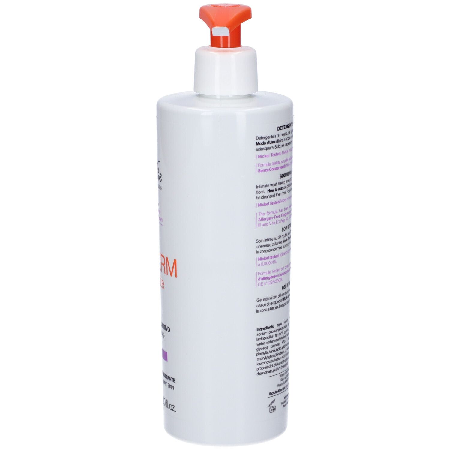 Weiße Pumpflasche mit orangefarbenem Verschluss und Etikett mit Produktinformationen.