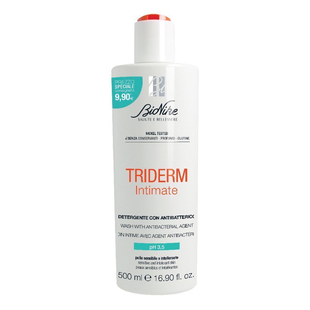 Flacone bianco con tappo rosso. Scritta: Triderm Intimate, pH 3,5. Marchio BioNike. Etichetta prezzo.