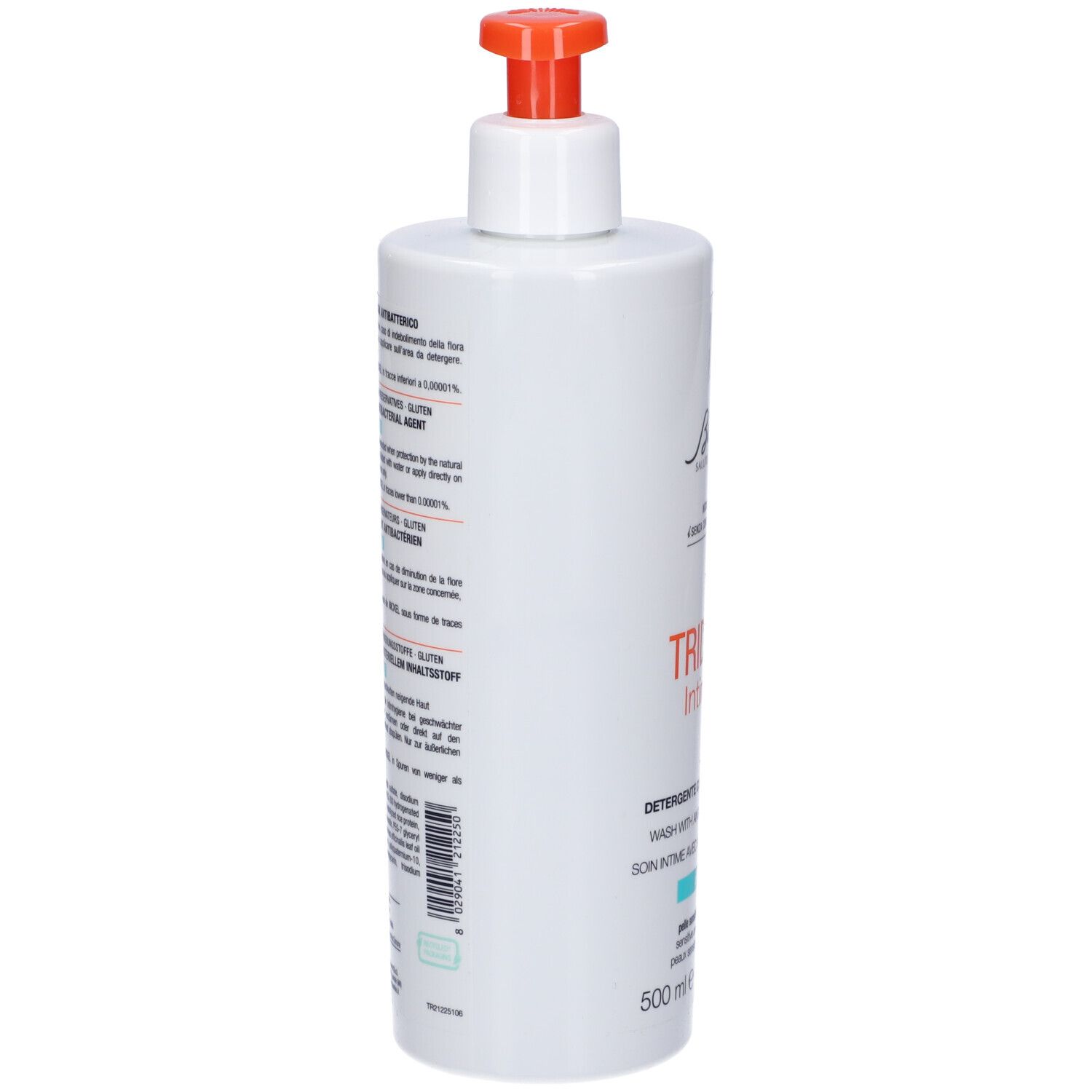 Flacone bianco, vista laterale con testo. Scritta: Triderm Intimate, pH 3,5. Marchio BioNike. Ingredienti.