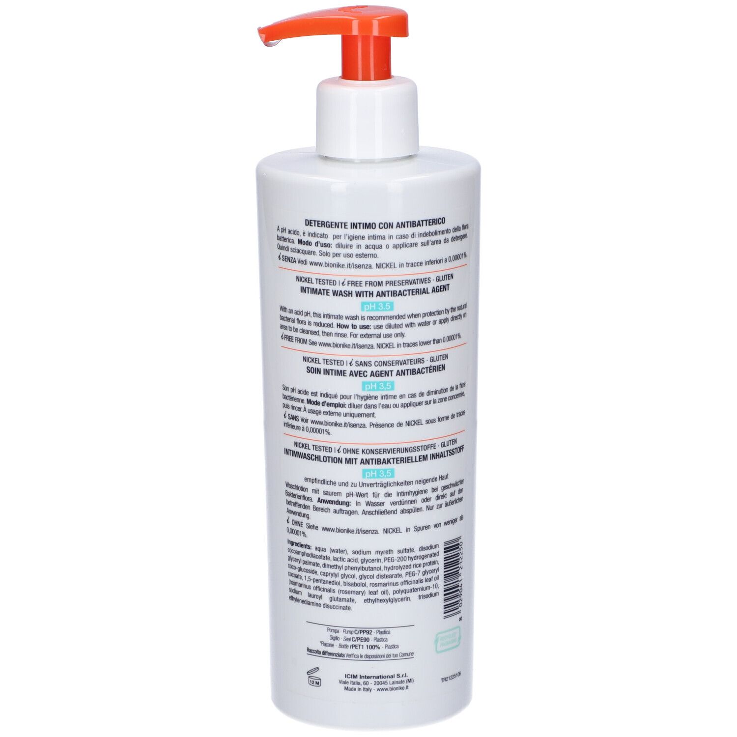 Flacone bianco, retro con testo. Scritta: Triderm Intimate, pH 3,5. Marchio BioNike. Ingredienti.