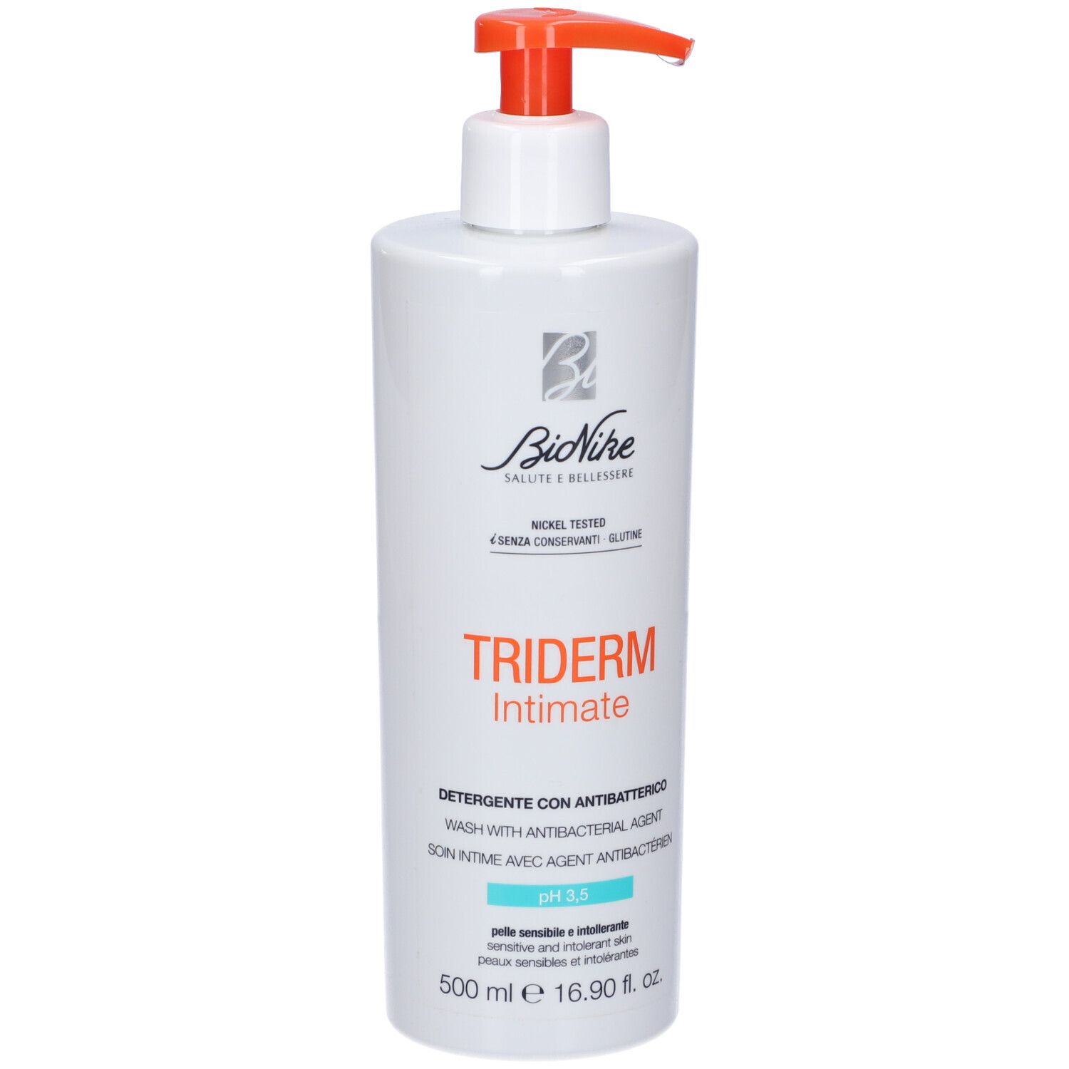 Flacone bianco con dispenser e pompetta rossa. Scritta: Triderm Intimate, pH 3,5. Marchio BioNike.