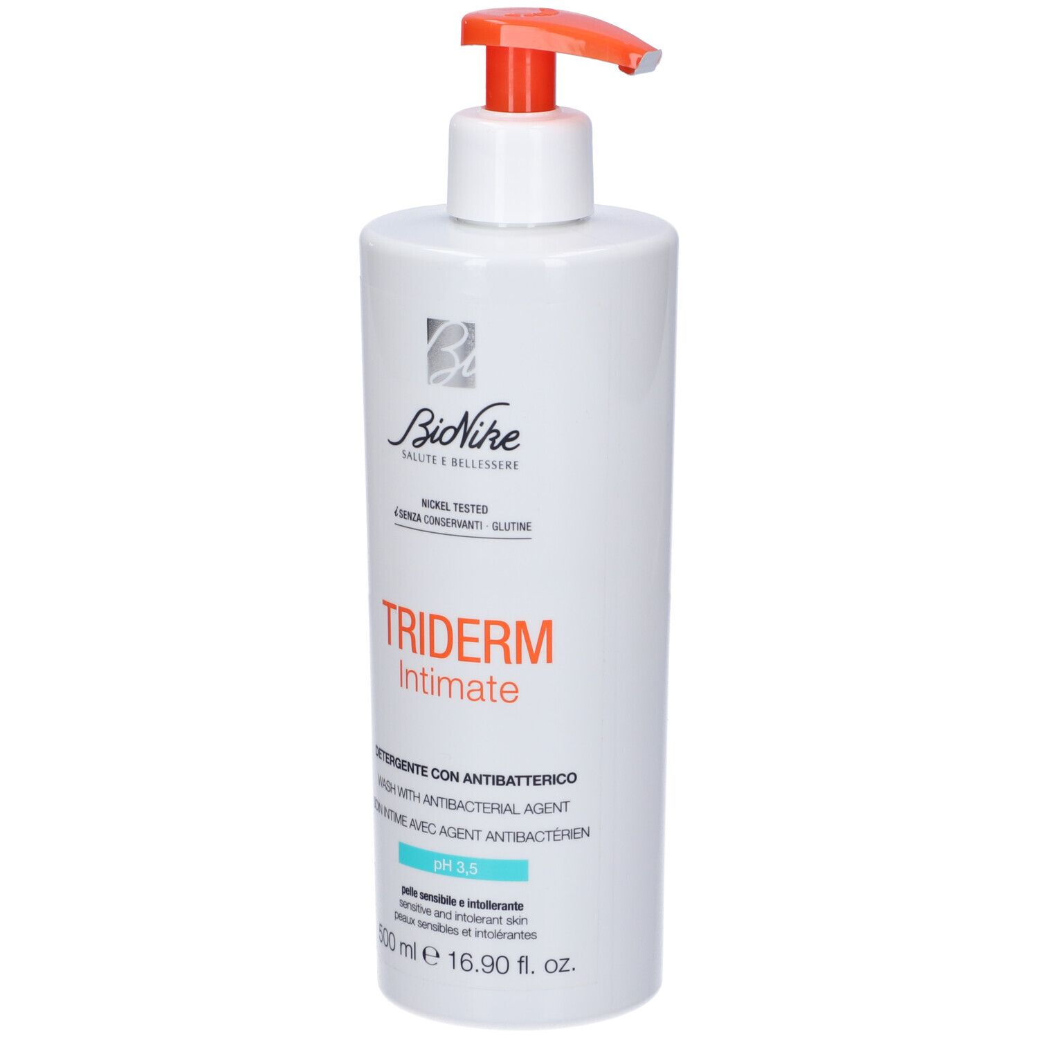 Flacone bianco con dispenser e pompetta rossa. Scritta: Triderm Intimate, pH 3,5. Marchio BioNike.