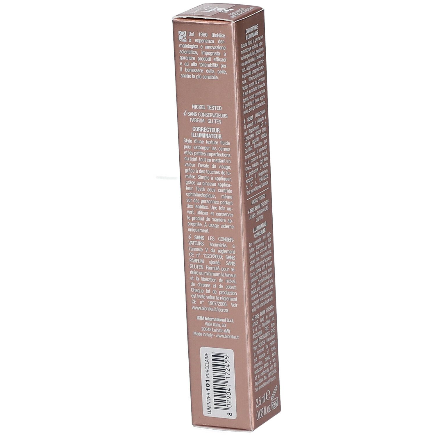 Scatola con "BioNike DEFENCE COLOR LUMINIZER". Testo in italiano, ingredienti e altre informazioni.