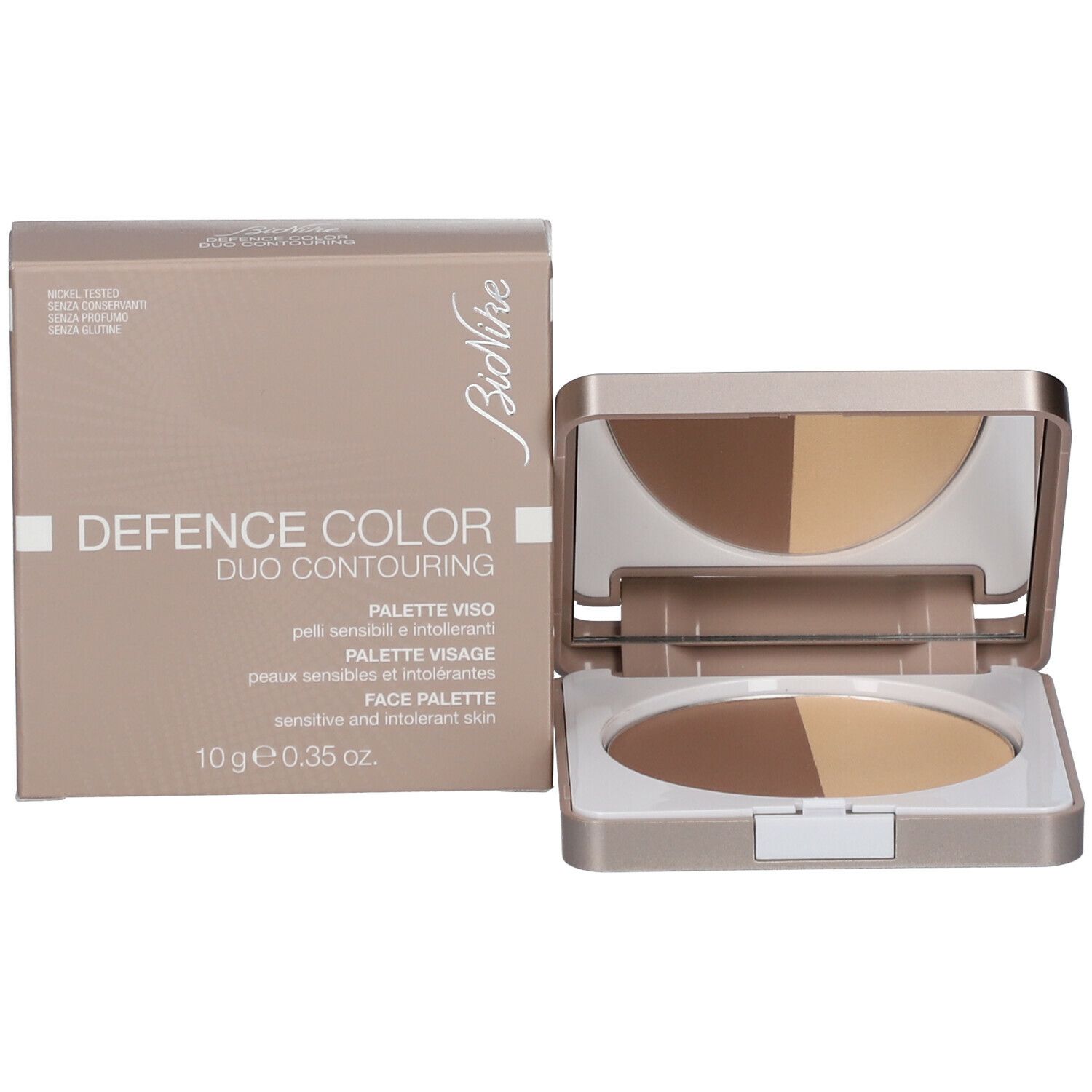 Confezione del prodotto con palette e testo. Marchio BioNike. Testo: Defence Color Duo Contouring, Face Palette.