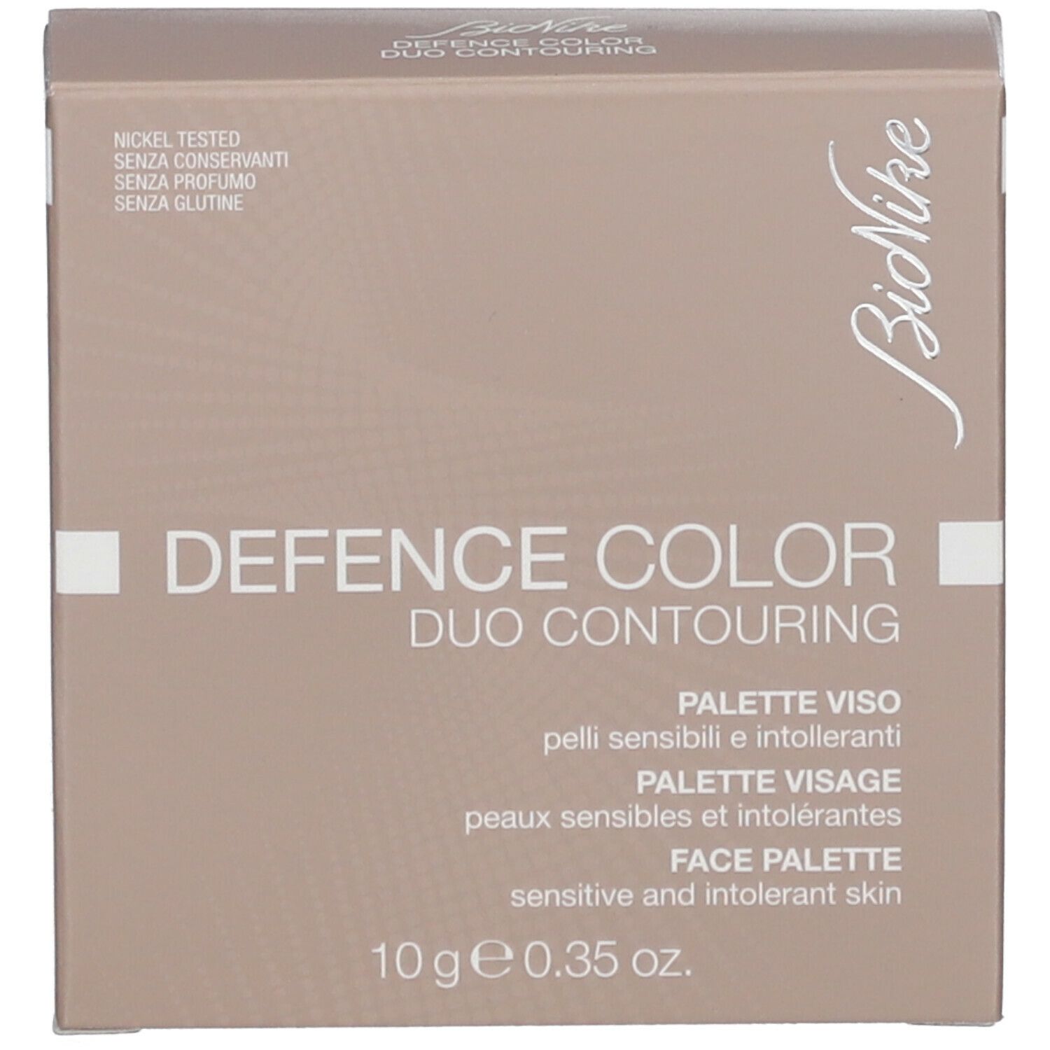 Confezione del prodotto. Marchio BioNike. Testo: Defence Color Duo Contouring, Face Palette. Nickel tested.