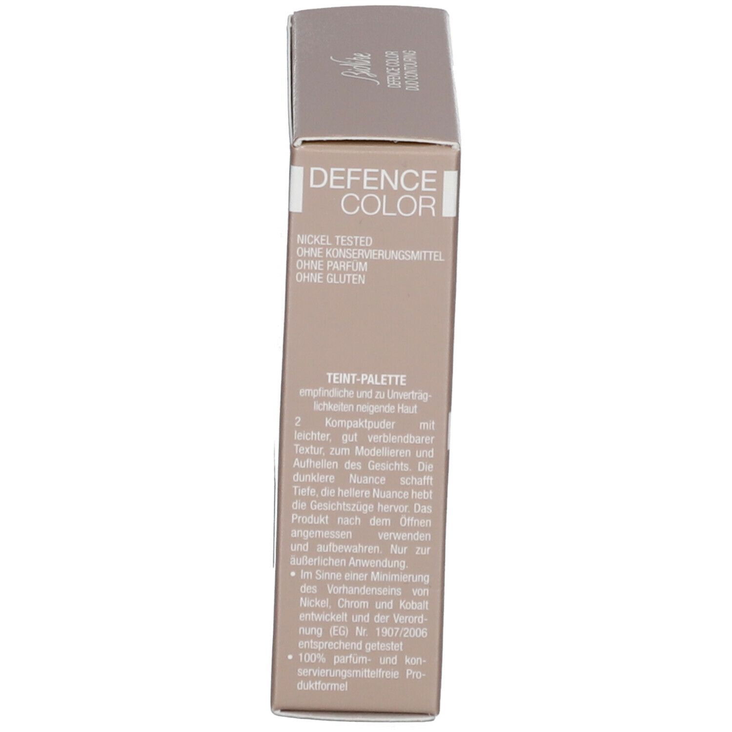 Confezione del prodotto, vista laterale. Testo: Defence Color, Nickel tested, senza conservanti, senza profumo, senza glutine.