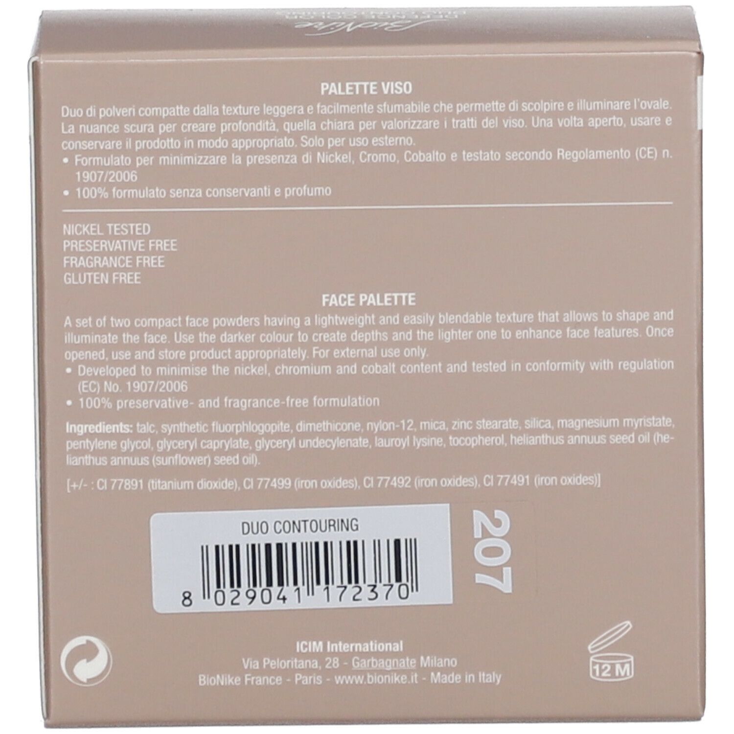 Retro della confezione del prodotto. Testo: Duo Contouring, Face Palette, ingredienti, 207. Nickel tested.