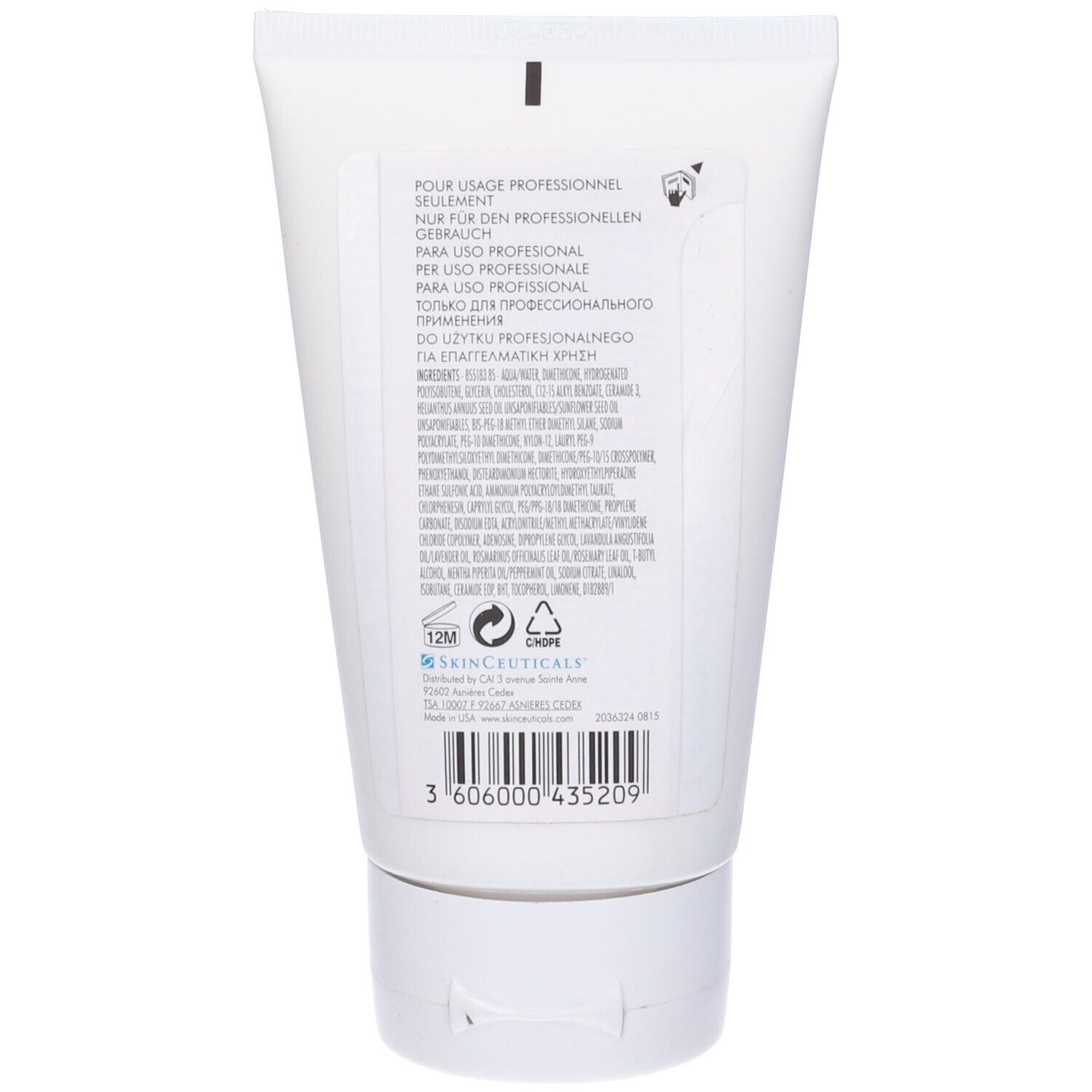 Tubo bianco con testo. Scritta: POUR USAGE PROFESSIONNEL SEULEMENT. Marchio: Skinceuticals. Codice a barre e altre informazioni.