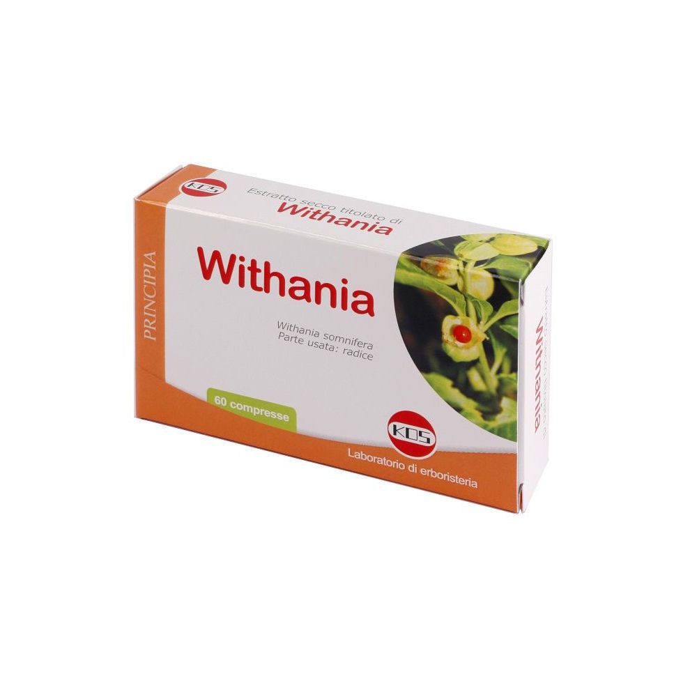 Confezione in cartone "Withania" con 60 compresse. Scritte: "Principia", "KOS Laboratorio di erboristeria". Immagine botanica.
