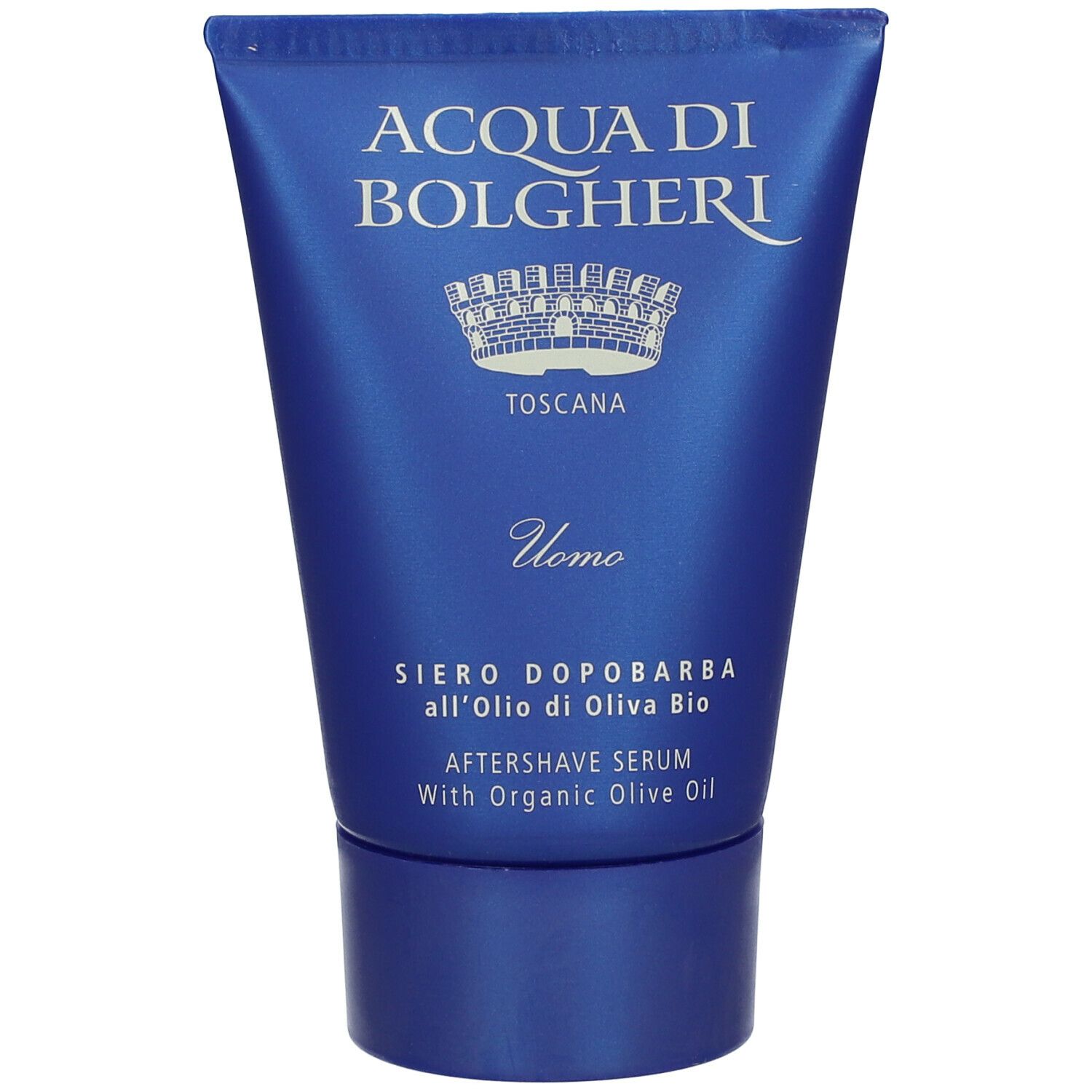 Tubo blu con testo: ACQUA DI BOLGHERI, Toscana, Uomo, Siero Dopobarba, Aftershave Serum. Con olio d'oliva.