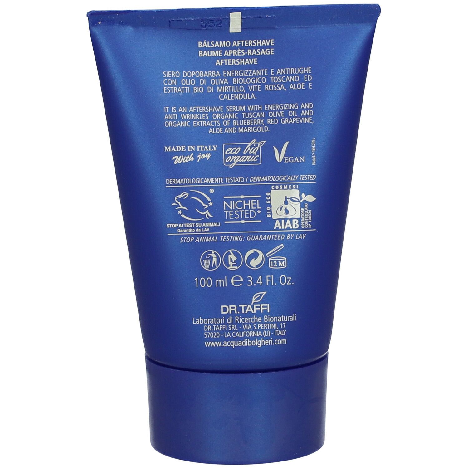 Retro del tubo blu. Testo: Balsamo Après-Rasage, ingredienti, certificazioni, 100 ml, Dr. Taffi.