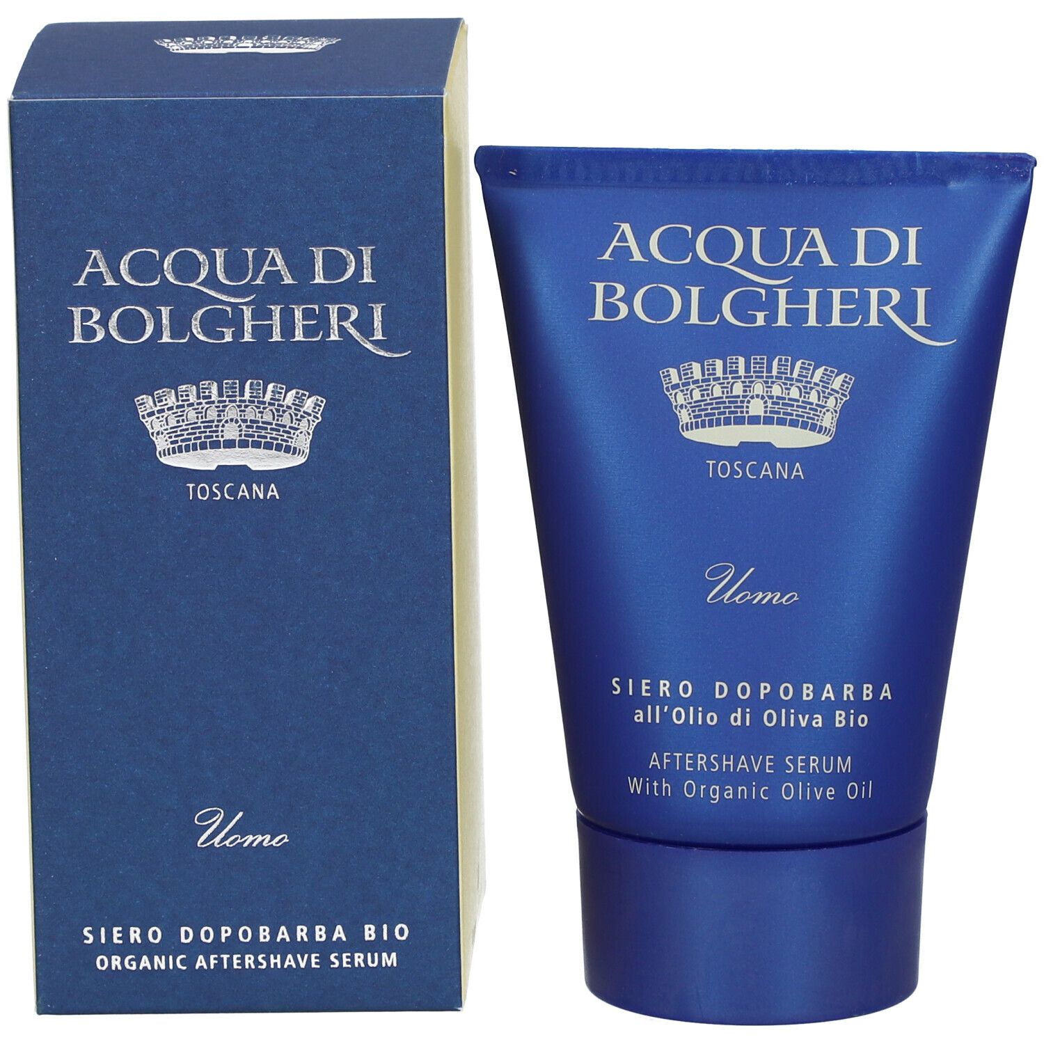Tubo blu e scatola. Testo: ACQUA DI BOLGHERI, Toscana, Uomo, Siero Dopobarba, Aftershave Serum. Con olio d'oliva.