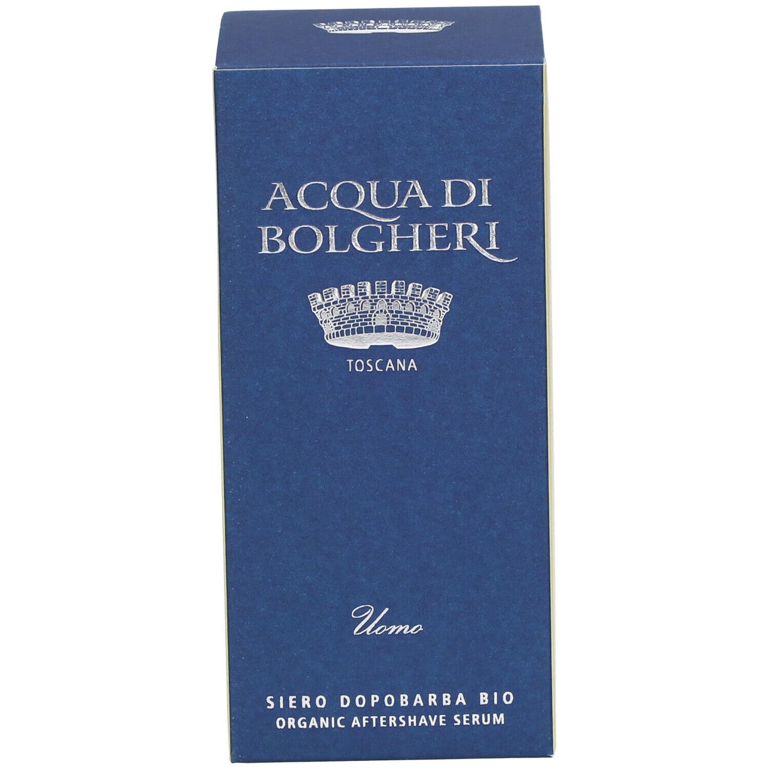 Scatola blu. Testo: ACQUA DI BOLGHERI, Toscana, Uomo, Siero Dopobarba Bio, Organic Aftershave Serum.