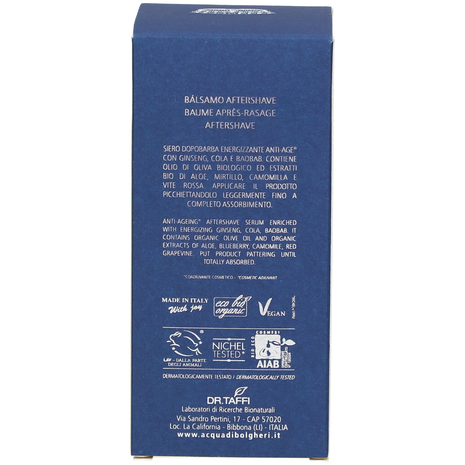 Scatola, retro. Testo: Balsamo Après-Rasage, ingredienti, certificazioni, Dr. Taffi, Made in Italy.