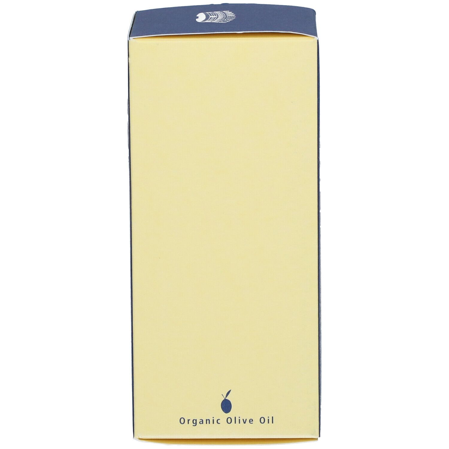 Scatola, retro. Sfondo giallo, bordo blu. Testo: Organic Olive Oil, olio d'oliva.