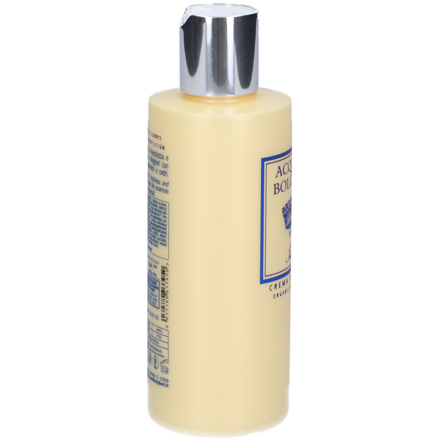 Flacone beige con tappo argentato. Scritte e testo sul retro. ACQUA DI BOLGHERI.