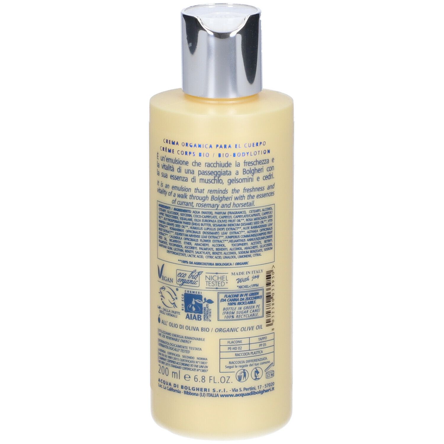 Retro del flacone. Testo, ingredienti, certificazioni. ACQUA DI BOLGHERI, 200 ml.