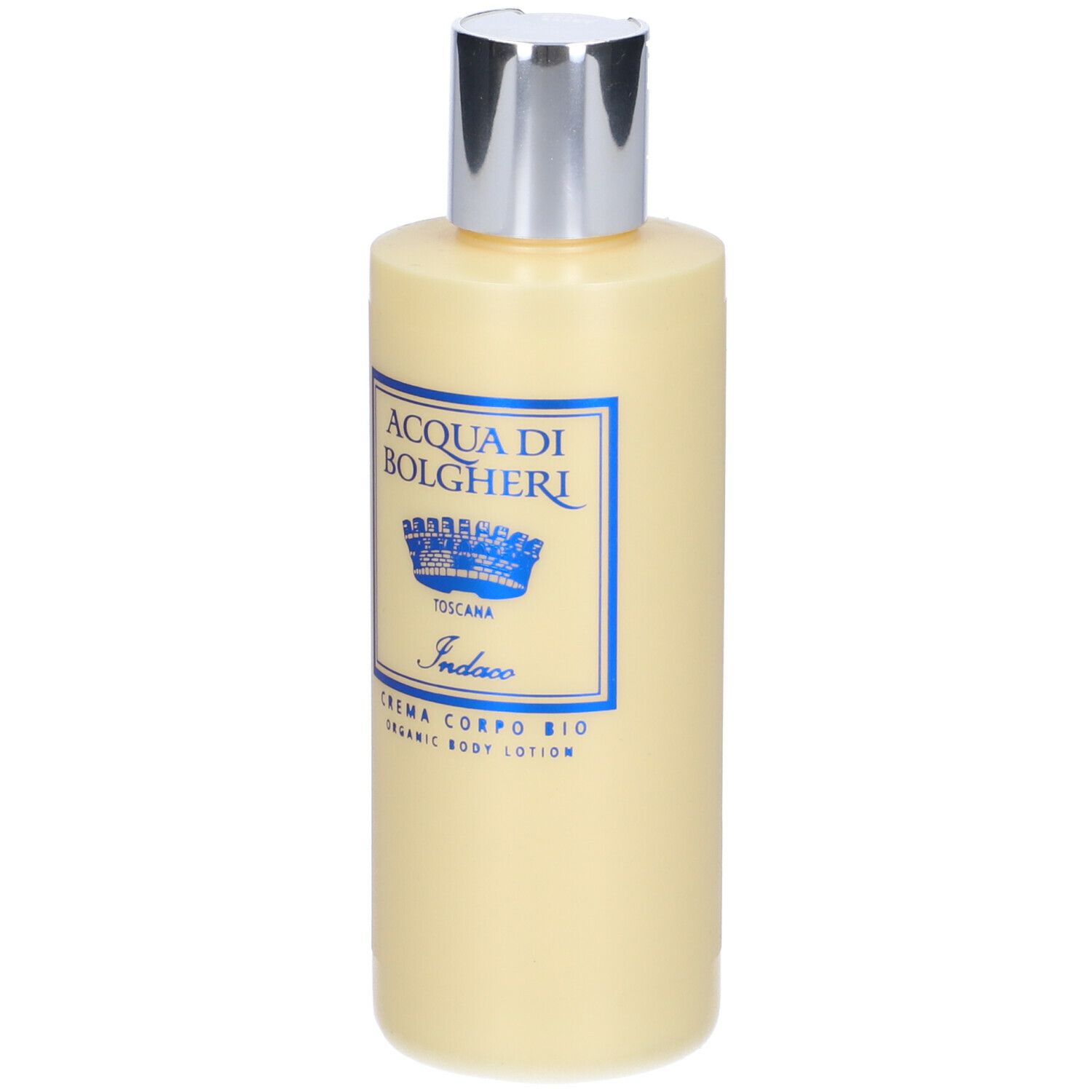 Flacone beige con tappo argentato. Scritta: ACQUA DI BOLGHERI, Indaco, Crema Corpo Bio.