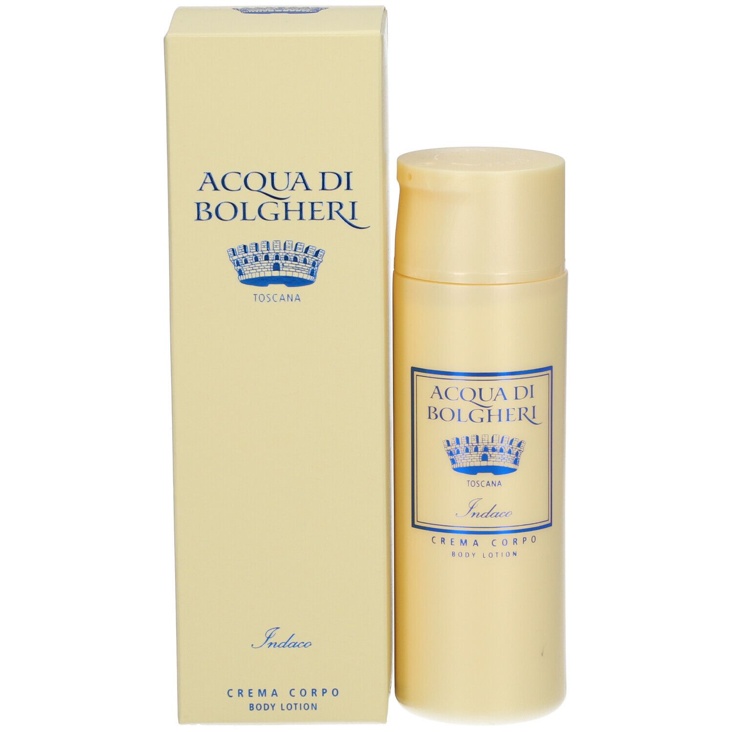 Flacone e scatola beige. Scritta: ACQUA DI BOLGHERI, Indaco, Crema Corpo.
