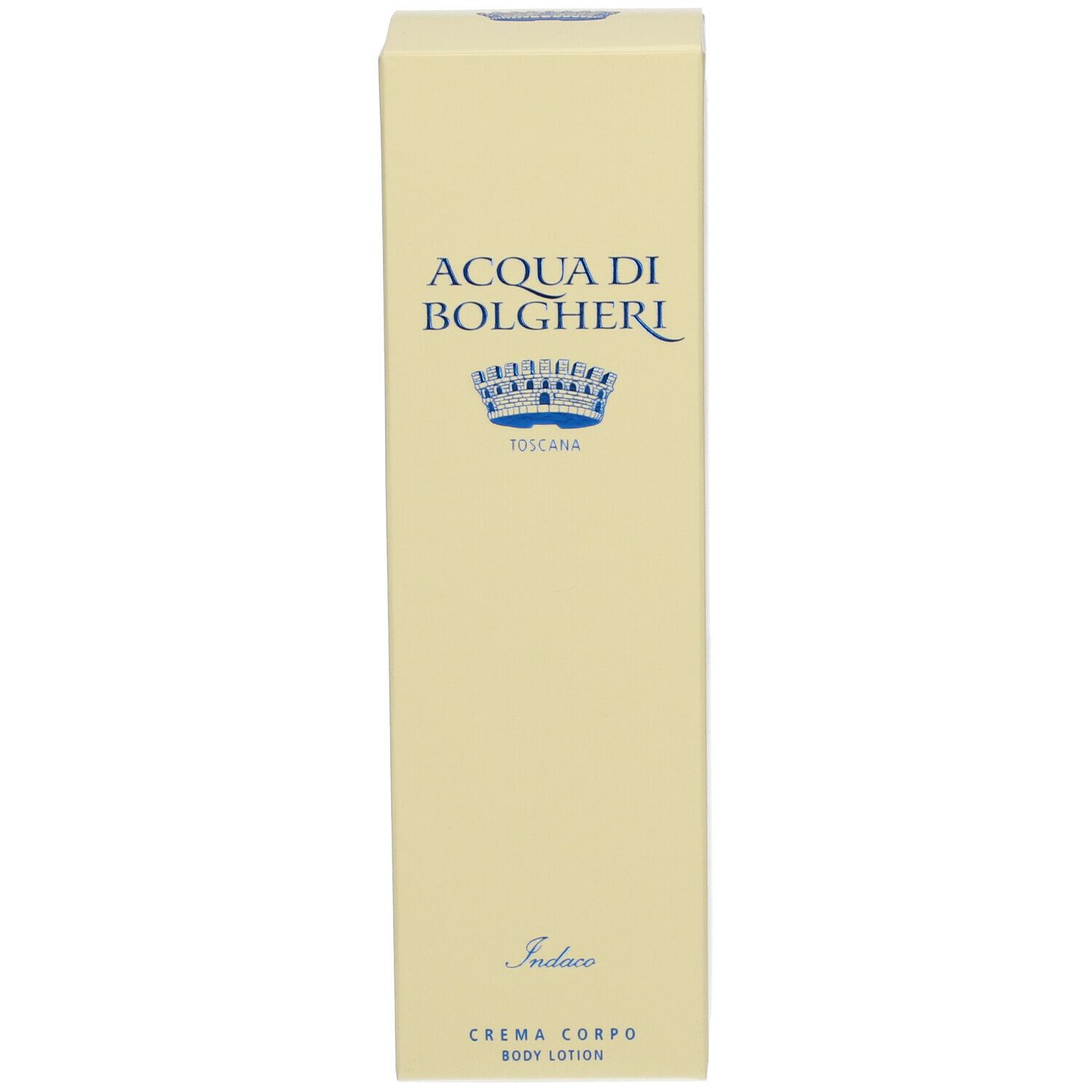 Scatola alta beige. Scritta: ACQUA DI BOLGHERI, Indaco, Crema Corpo.