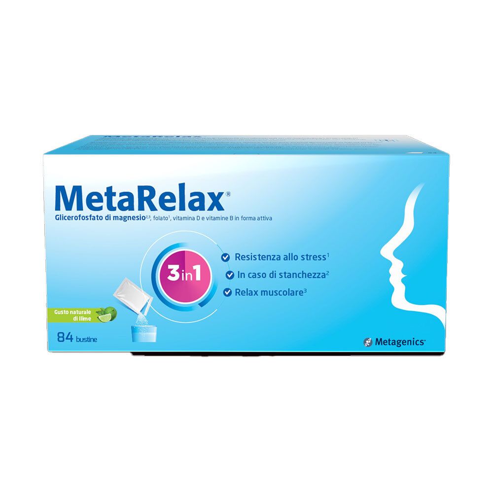Confezione MetaRelax da 84 bustine. Confezione blu con nome del prodotto e logo 3-in-1. Logo Metagenics.