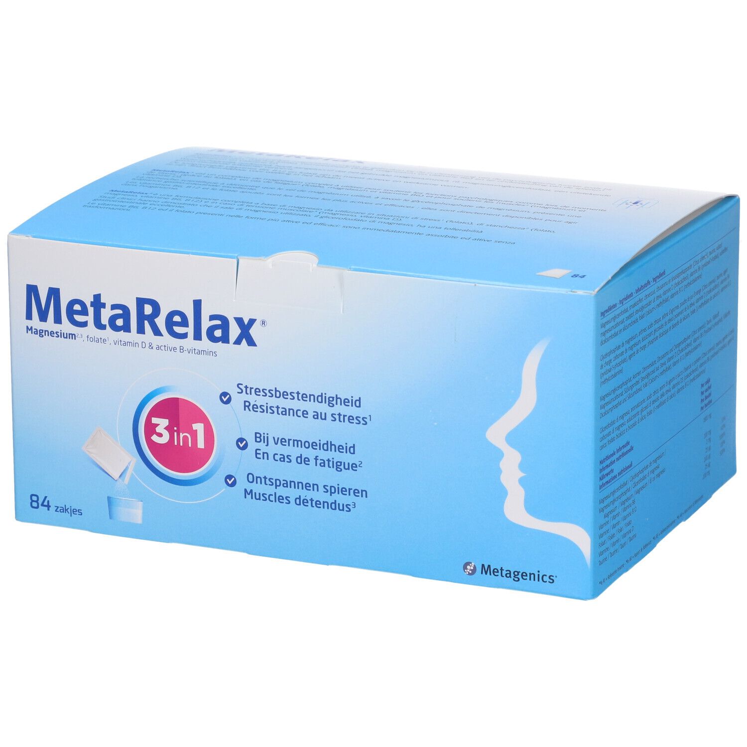 Scatola MetaRelax. Scatola blu con nome del prodotto, logo 3-in-1 e testo. Logo Metagenics e 84 bustine.