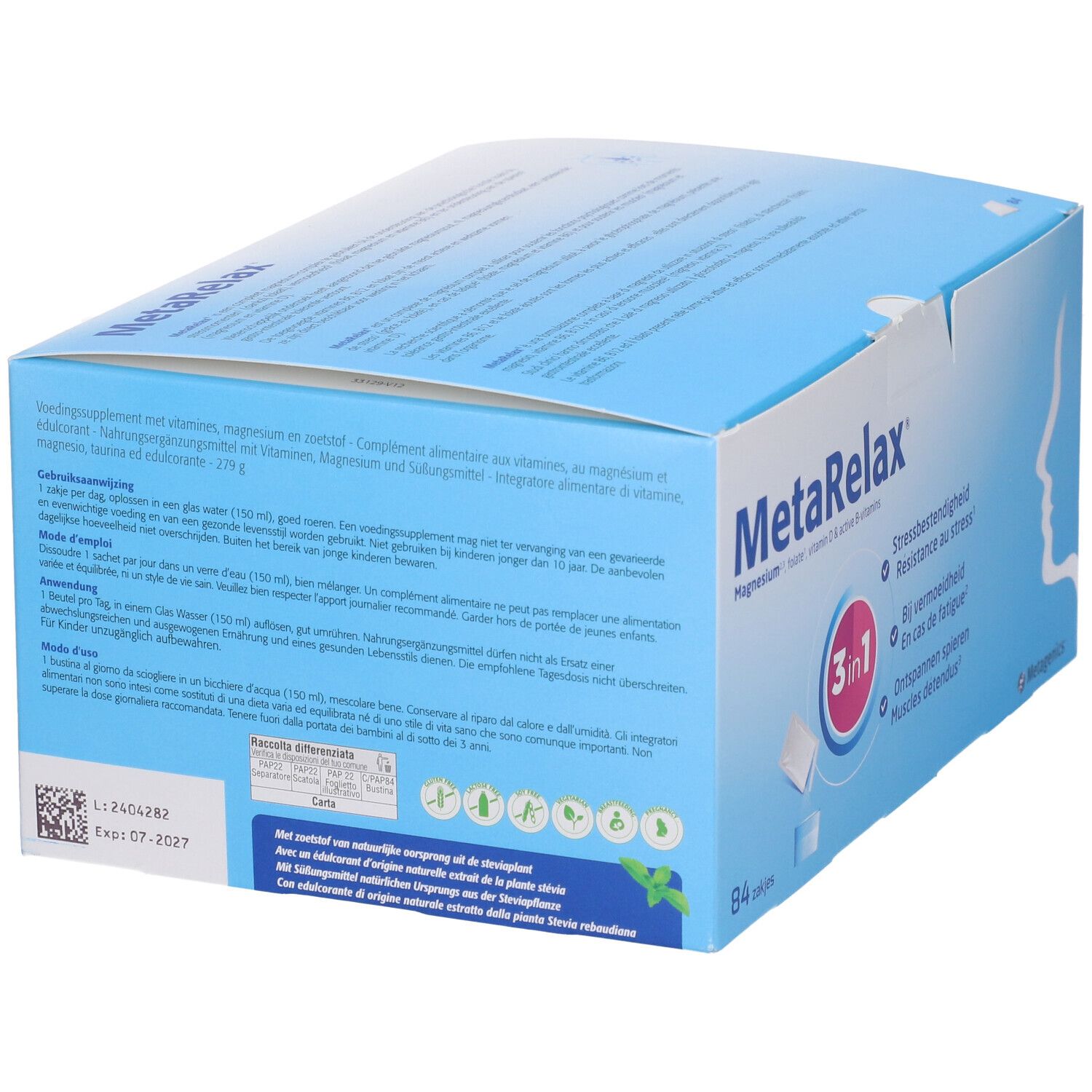 Scatola MetaRelax. Scatola blu con nome del prodotto, logo 3-in-1 e testo. Logo Metagenics e 84 bustine.