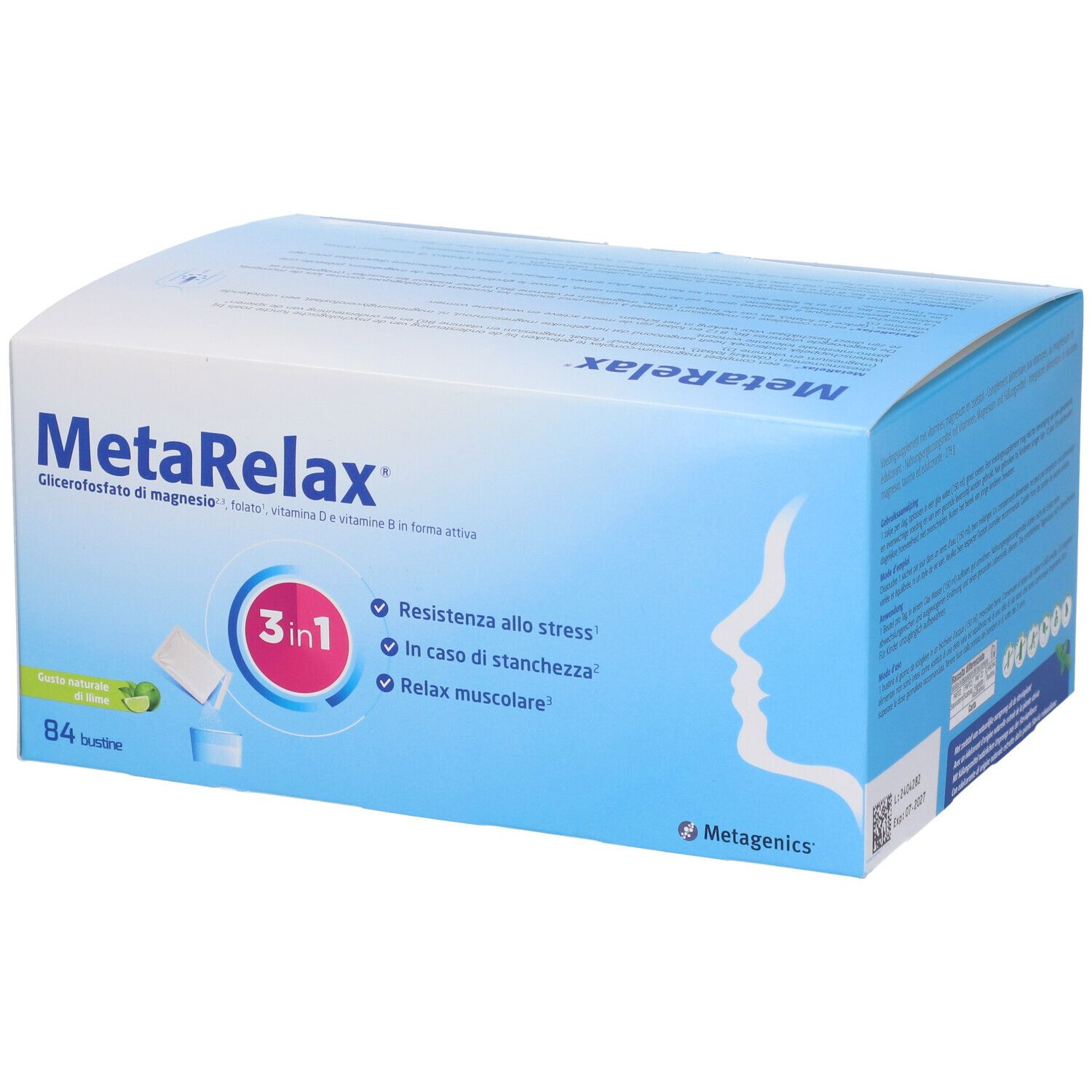Scatola MetaRelax. Scatola blu con nome del prodotto, logo 3-in-1 e testo. Logo Metagenics e 84 bustine.