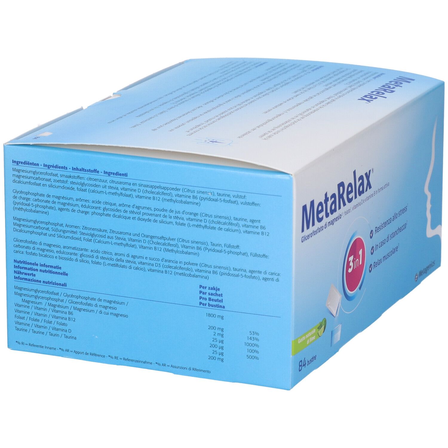 Scatola MetaRelax. Scatola blu con nome del prodotto, logo 3-in-1 e testo. Logo Metagenics e 84 bustine.