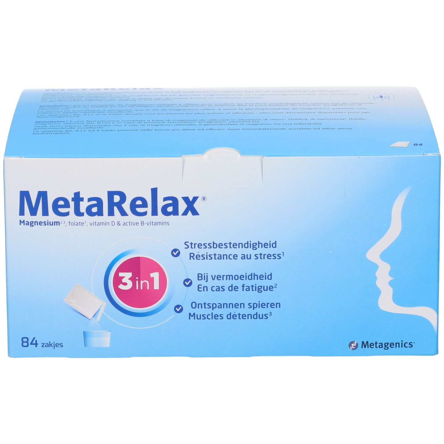 Scatola MetaRelax. Scatola blu con nome del prodotto, logo 3-in-1 e testo. Logo Metagenics e 84 bustine.