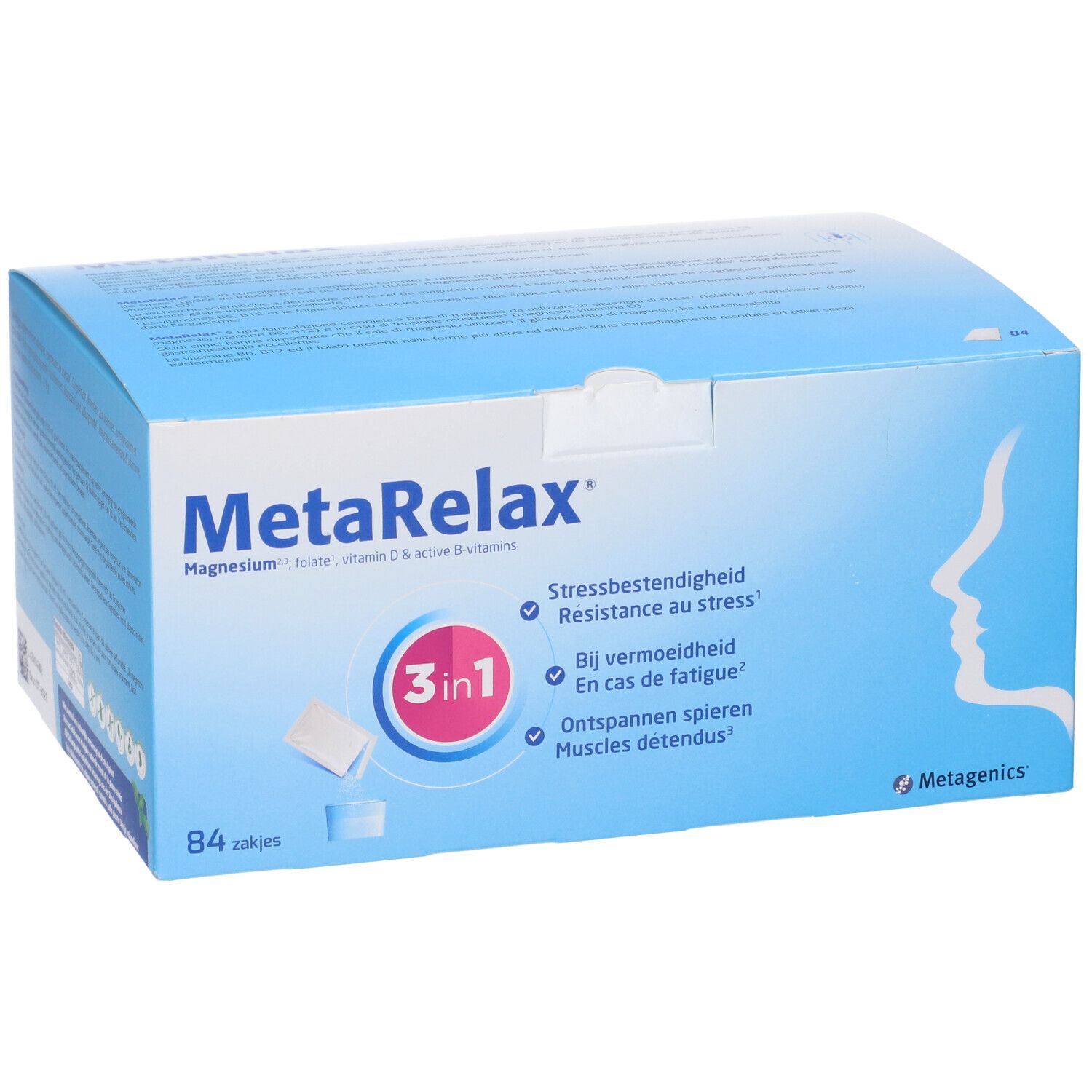 Scatola MetaRelax. Scatola blu con nome del prodotto, logo 3-in-1 e testo. Logo Metagenics e 84 bustine.