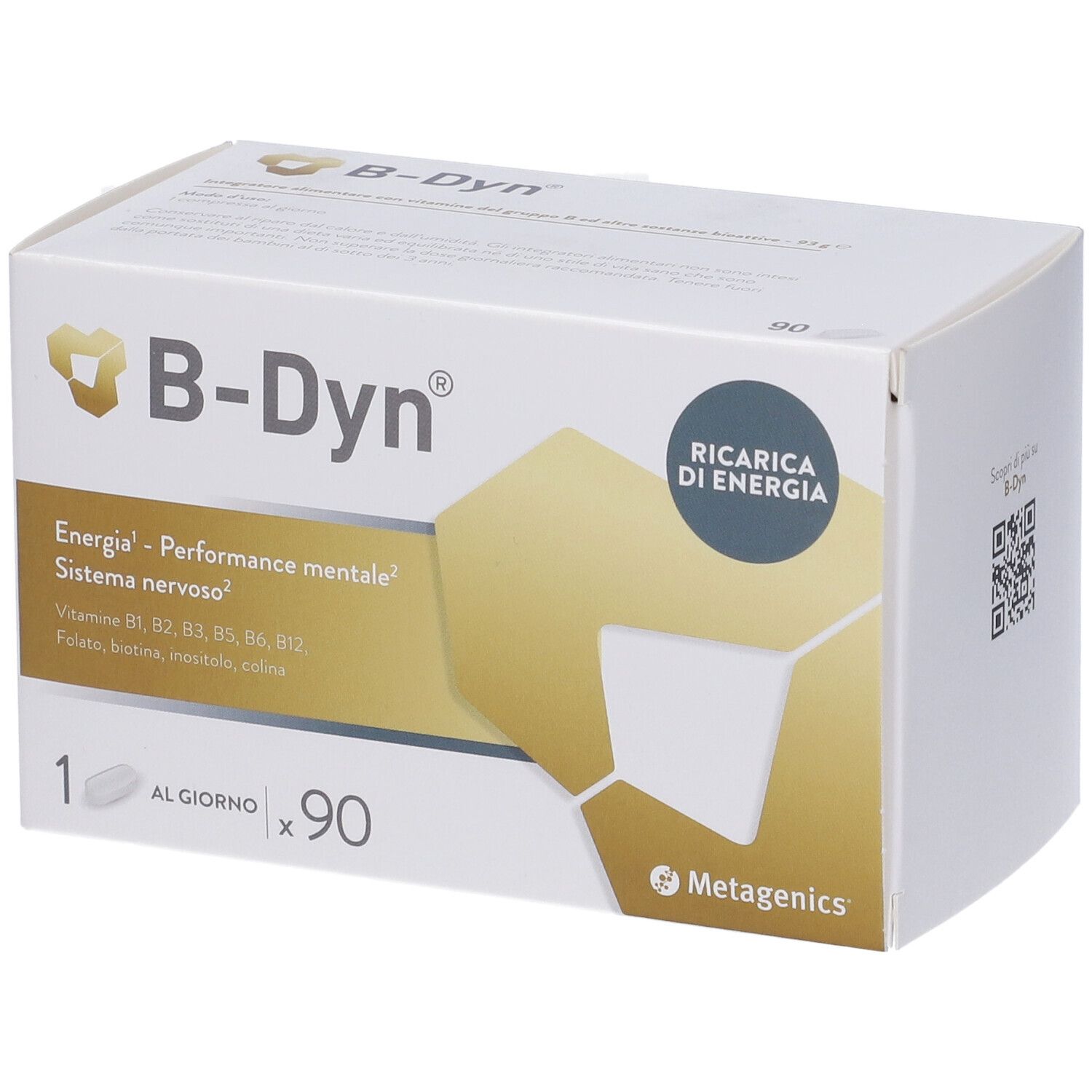 Scatola bianca B-Dyn®. Contiene 90 compresse. Logo Metagenics in basso a destra. Testo: Energia, performance mentale.