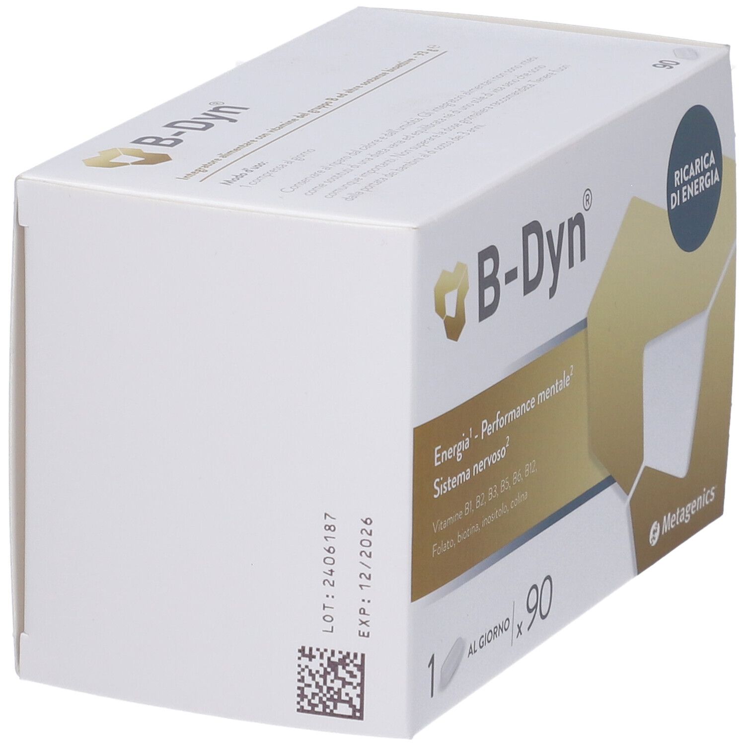 Scatola B-Dyn® in prospettiva. Contiene 90 compresse. Codice QR e scadenza sul lato.