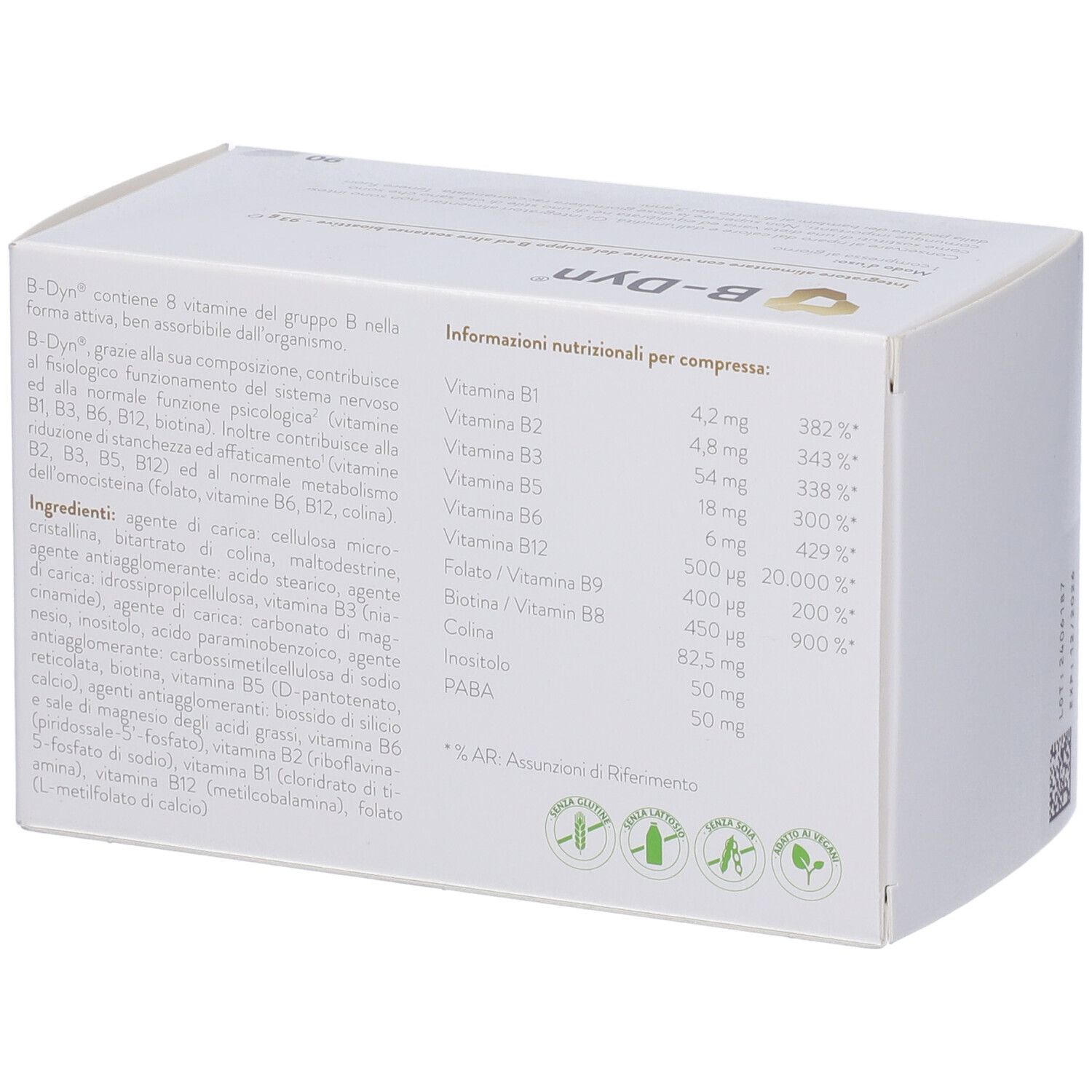 Retro della scatola B-Dyn®. Informazioni nutrizionali e ingredienti. Design verde e bianco.